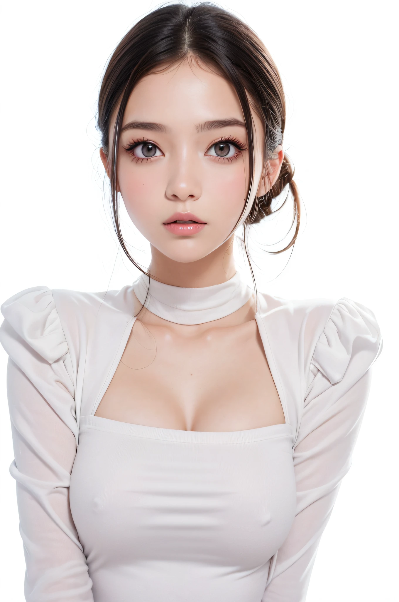 tmasterpiece, Best quality at best, Simple white clothes,bautiful young woman, shinning eyes, (detailedpupils:1.2),Pure, eyeslashes, Beauty brunette big breasts, Black hair, multicolour, Medium hair, s the perfect face, A detailed,