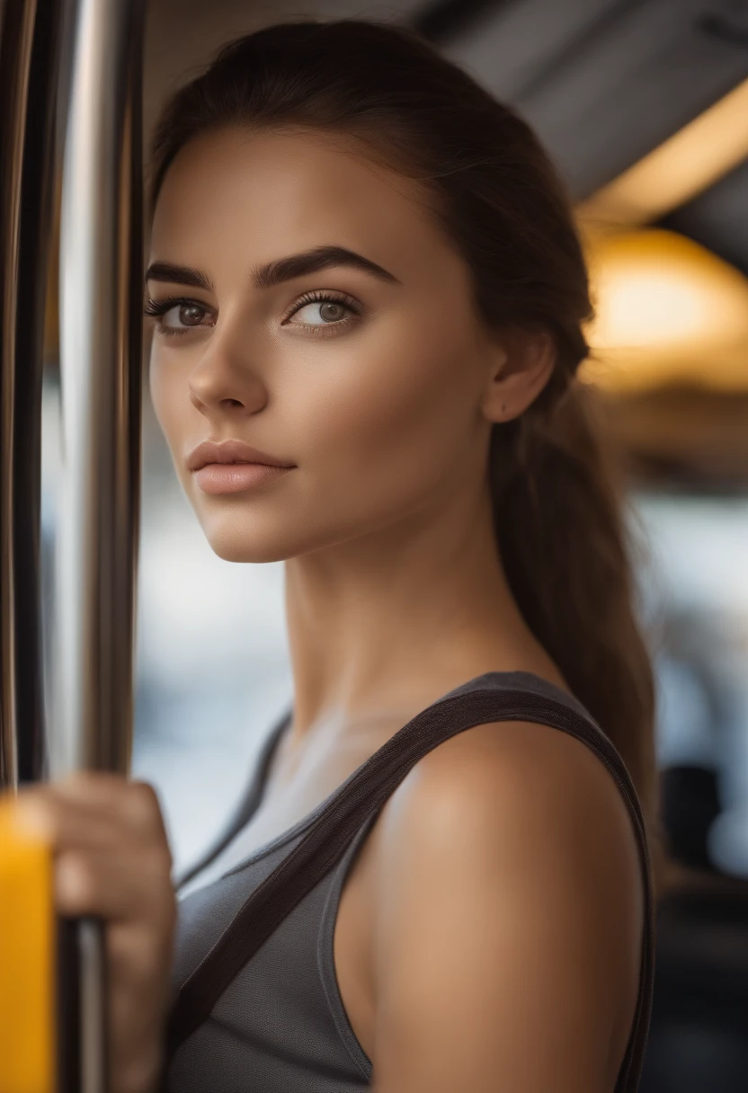 (realista,Altas Resoluciones,Ultra detallado)20-year-old girl with beautiful brown hair and a fit body, (realista)expresar emociones de sorpresa e incomodidad, (realista)Usar atuendo casual, ser acosado por un joven con canas (realista)Detailed public transport,(realista)expresar emociones negativas, (vivid colors)Ambiente muy iluminado, (realista)Detailed facial features, incluyendo ojos expresivos, nariz, y labios, (fotorrealista)capturing the girl's long eyelashes and expressive eyebrows.