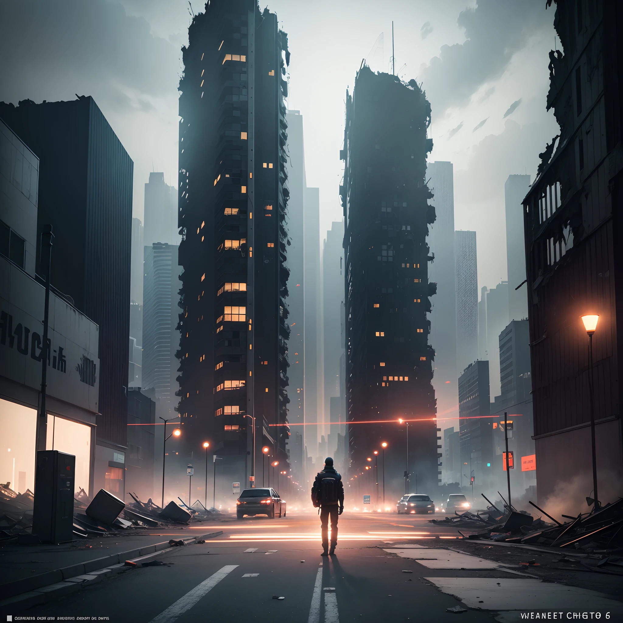 Boken「2067」Create a cover image for Chapter 6 of, Where the city of the future is depicted completely destroyed, a person々for virtual reality games that contaminated the minds of. The image should convey a sense of chaos, Desolation and destruction, In a destroyed building, Empty streets and an impressive presence of technology. Using dark and cool colors、Creates a dark and hopeless mood, Eta、The message conveyed is impactful to the reader.、Make sure it's exciting.