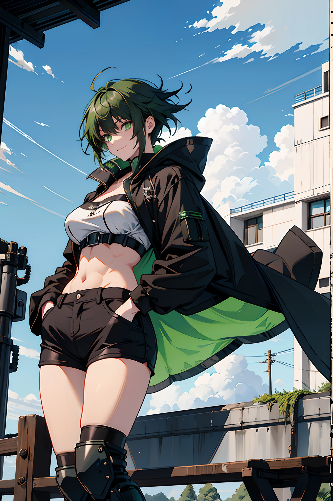 Pure sky，mechanical leg，Black mechanical legs，Plump legs，Green gem setting，Anime girl standing gracefully on the ground，Black cape and green hair, rogue anime girl, Anime girl standing, Wearing a cloak on the blasted plain, asuka suit under clothes!, Cyborg girl, badass posture, mechanic punk outfit, anime styled 3d, render of a cute 3d anime girl, gapmoe yandere grimdark, Female character，musculature，Abs，Glowing green eyes，Black hair with green gradient，short detailed hair，Bunched hair，Dull hair，（Muscle 2.0），Tomboyish，Be red in the face，looking at viewert，Elaborate Eyes，Black mechanical legs，huge tit，1.5，Put your hands in your pockets，ssmile，blacksilk，Straight big breasts，strappy，Black openwork hot pants，White bandeau，Toothless smile，Lower breast，Mechanical wind，There are no cities，Side breasts