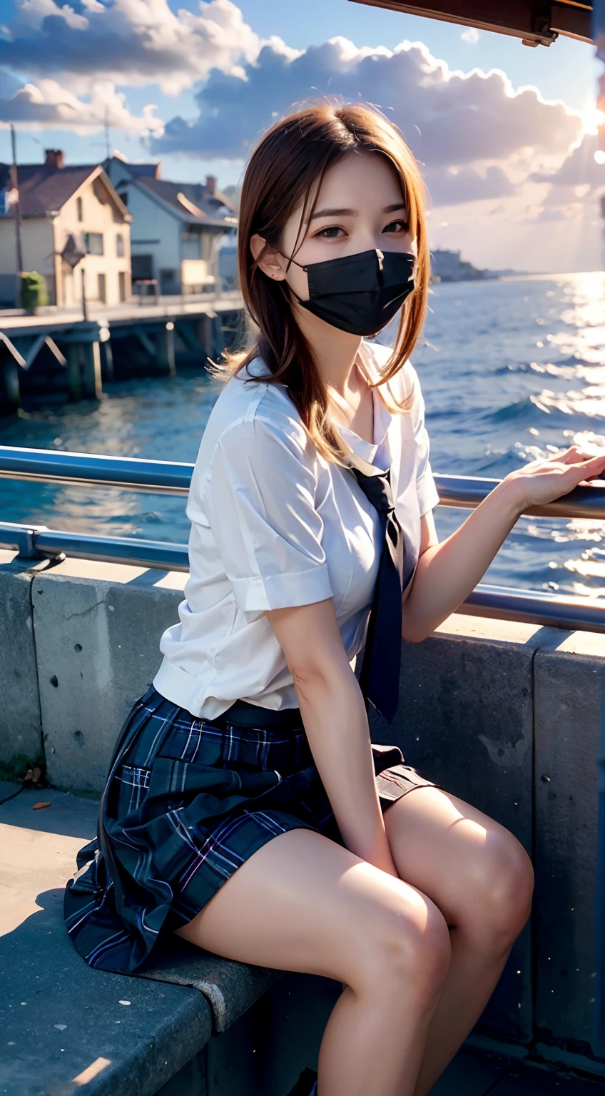 Masterpiece :1.3), A pretty woman, Highly detailed face and skin texture, Detailed eyes, Double eyelid,
Against the backdrop of an orange-tinted sunset sky with clouds and the sun sinking into the sea, there is a beautiful high school girl in a school uniform sitting. , Her hair is light brown, and it’s in a medium bob style. She’s wearing a white blouse and pleated skirt as part of her uniform. , She’s sitting with her legs apart, and her gaze is directed towards the camera. ,Please create this scene from a low-angle shot.,
