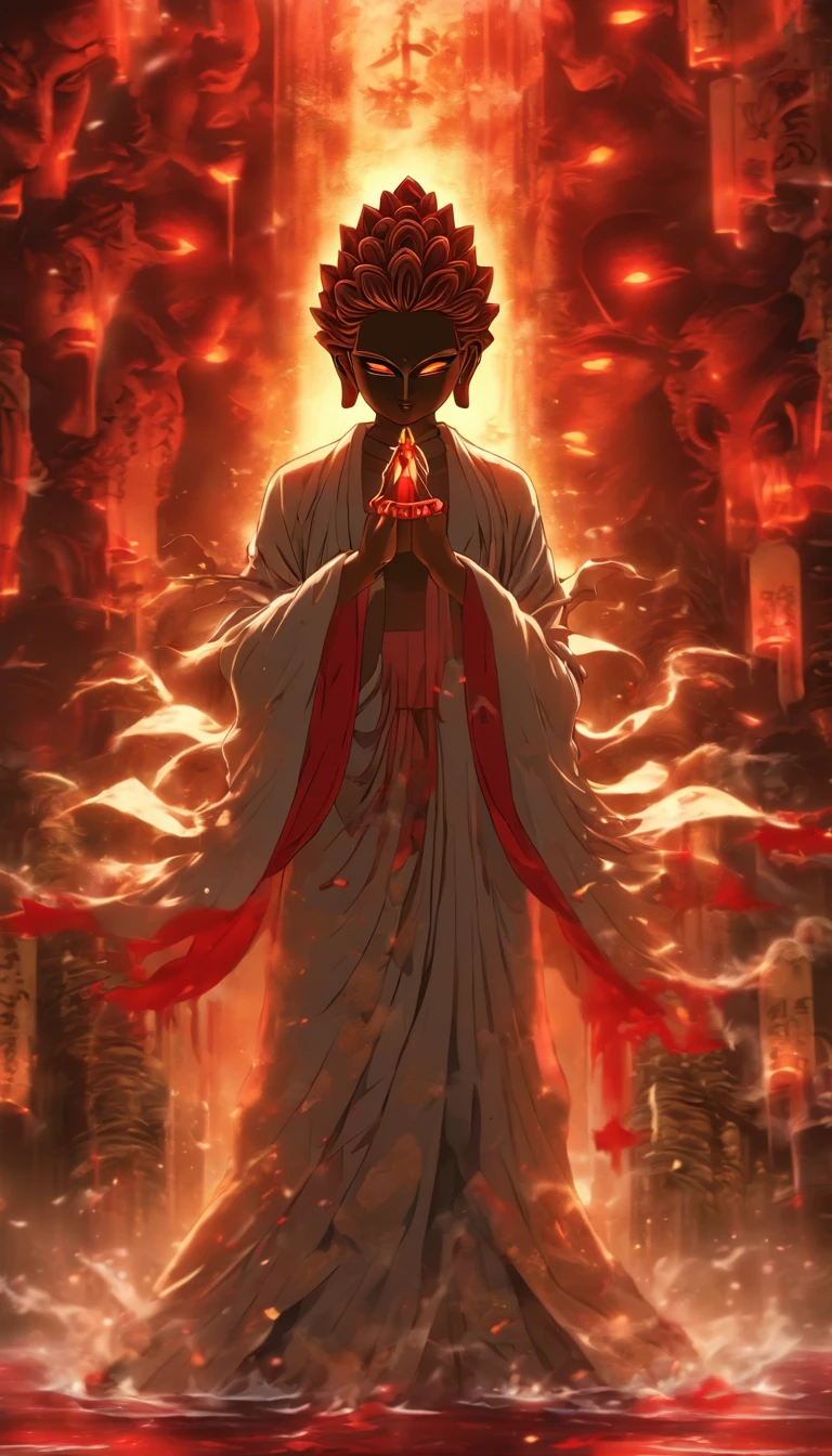 Blood red room, Flashing white TV screen, BUDDHA STATUE, cabelos preto e longos, with hair dishevelled, Cover one eye and face, Bright red eyes, Wearing a white transparent robe, Looming full breasts,liquor,Devil, reaching out her hands,Straighten your body, Red nails are exposed, Pinch the camera, hyper HD, Anatomically correct, Textured skin, Super detail, High details, High quality, A high resolution, 8K, hyper HD, Anatomically correct, Textured skin, Super detail, High details, High quality, Best quality, 8K,Leishnampo,Room 2,Horror