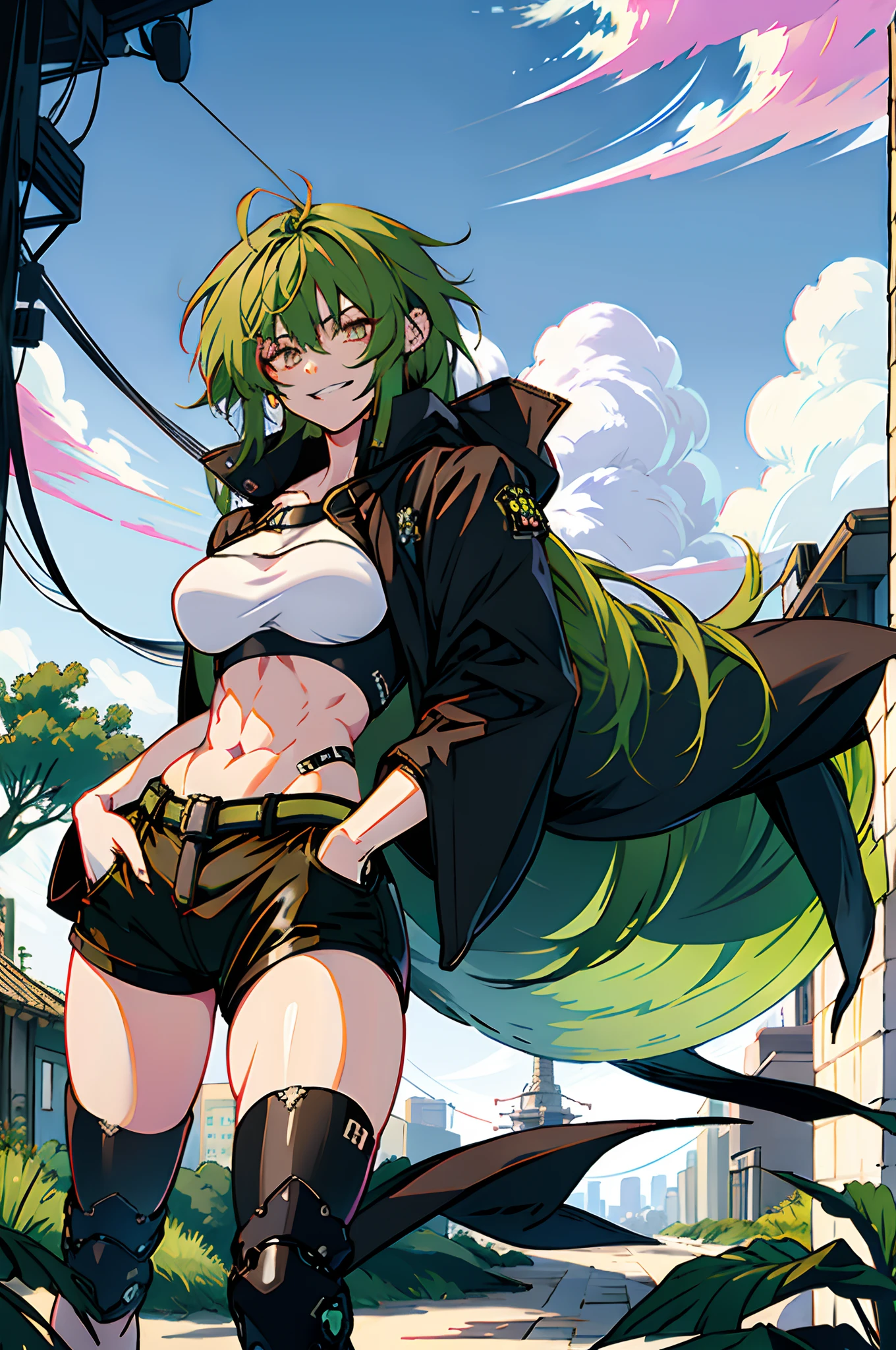 Pure sky，mechanical leg，Black mechanical legs，Plump legs，Green gem setting，Anime girl standing gracefully on the ground，Black cape and green hair, rogue anime girl, Anime girl standing, Wearing a cloak on the blasted plain, asuka suit under clothes!, Cyborg girl, badass posture, mechanic punk outfit, anime styled 3d, render of a cute 3d anime girl, gapmoe yandere grimdark, Female character，musculature，Abs，Glowing green eyes，Black hair with green gradient，short detailed hair，Bunched hair，Dull hair，（Muscle 2.0），Tomboyish，Be red in the face，looking at viewert，Elaborate Eyes，Black mechanical legs，huge tit，1.5，Put your hands in your pockets，ssmile，blacksilk，Straight big breasts，strappy，Black openwork hot pants，White bandeau，Toothless smile，Lower breast，Mechanical wind，There are no cities，Side breasts，Excitation