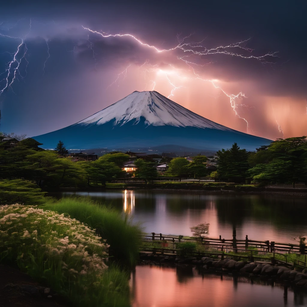 Master Parts、Superior Quality、superior image quality、The 8k quality、Beautiful photos of lightning、magnifica、(Mt fuji:1.5)、((Dramatic Lightning:1.9))
