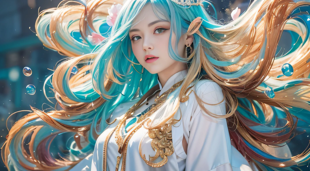 cyan colors,blue colors,enamel,agates,A flesh-colored world,Blood Girl 32K(tmasterpiece,k hd,Aoyama Pond,hyper HD,32K)Long flowing bright blue hair,blood pond,zydink, a color,Grumpy (Post-halo), (Linen scarf), Combat posture, looking at the ground, long whitr hair, Floating bright blue, Fire cloud pattern gold tiara, Chinese long-sleeved gold silk burgundy garment, (Abstract metaverse splash:1.2), white backgrounid,Peony flower vitality protector(realisticlying:1.4),Bright purple hair,Smoke on the road,The background is pure, A high resolution, the detail, RAW photogr, Sharp Re, Nikon D850 Film Stock Photo by Jefferies Lee 4 Kodak Portra 400 Camera F1.6 shots, Rich colors, ultra-realistic vivid textures, Dramatic lighting, Unreal Engine Art Station Trend, cinestir 800,A girl with long flowing bright blue hair,Huge colorful bubbles