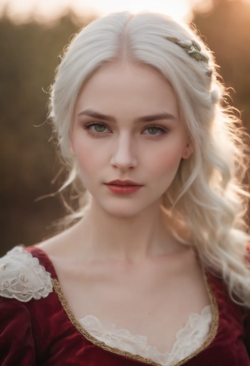 (((a deep reddish wound crosses her left cheek))) fair complexion, woman around 19 years old, natural white hair, distinctive green eyes, wearing kohl, slender and graceful, beautiful, candlelight in a medieval setting, ultra sharp focus, realistic shot, medieval female clothes, tetradic colors (scar:1.4), big boobs
