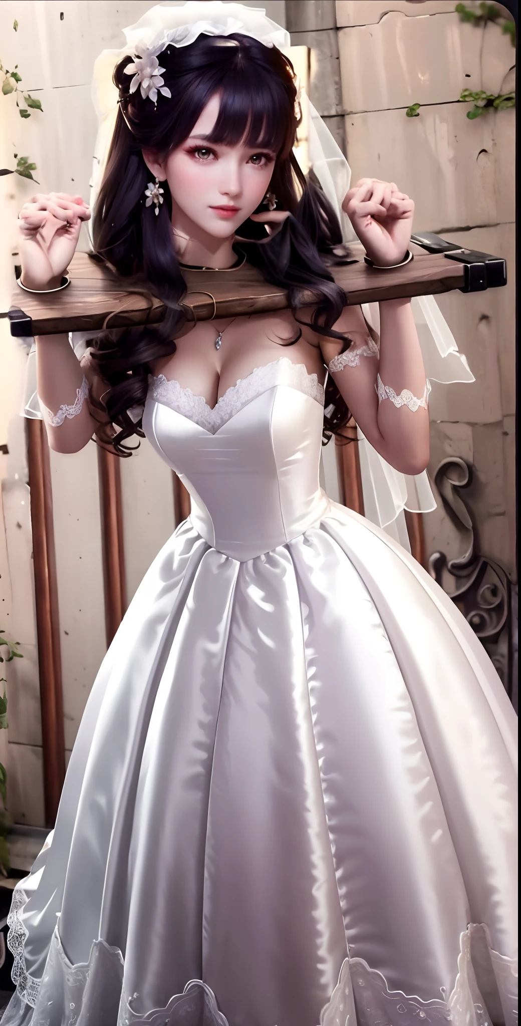 Close-up of a beautiful bride wearing a beautiful wedding dress, Gurwitz,（Pillory：1.5）, （flail：1.2）,  flail on the head, flail on the hands,full body photo,  whole body, (bridal veil: 1.5), (transparent short veil: 1.5), flushed face, head flower, tiara, Very detailed princess wedding dress,(tube wedding dress: 1.5), (silk dress: 1.2 ), (strapless wedding dress: 1.5), （floor length skirt：1.2）, pure white dress,white long skirt, necklace, earrings, (huge breasts: 1.3), deep V heart-neck wedding dress, bangs, lipstick, (lace gloves: 1.3),  high detail RAW Color art,