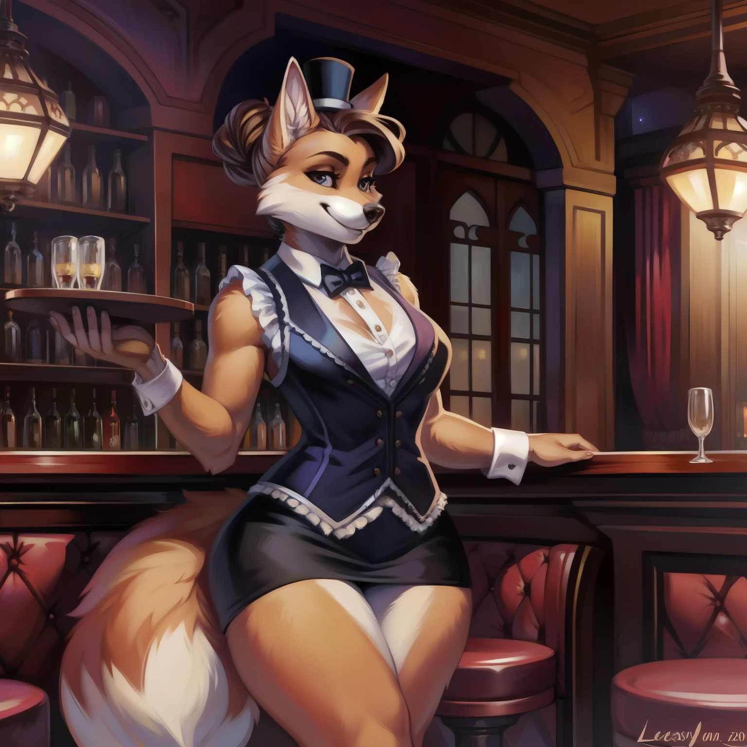 by greasymojo, by levelviolet, by walter_sache, solo, female, vulpine, cream colored fur, (snout, hair, tail), loose bun hair style, hair style, smile, happy smile, lean body, wide hips, thick thighs, top hat, victorian vest, victorian coat, tailcoat, skirt, English pub, night, ambient lighting.