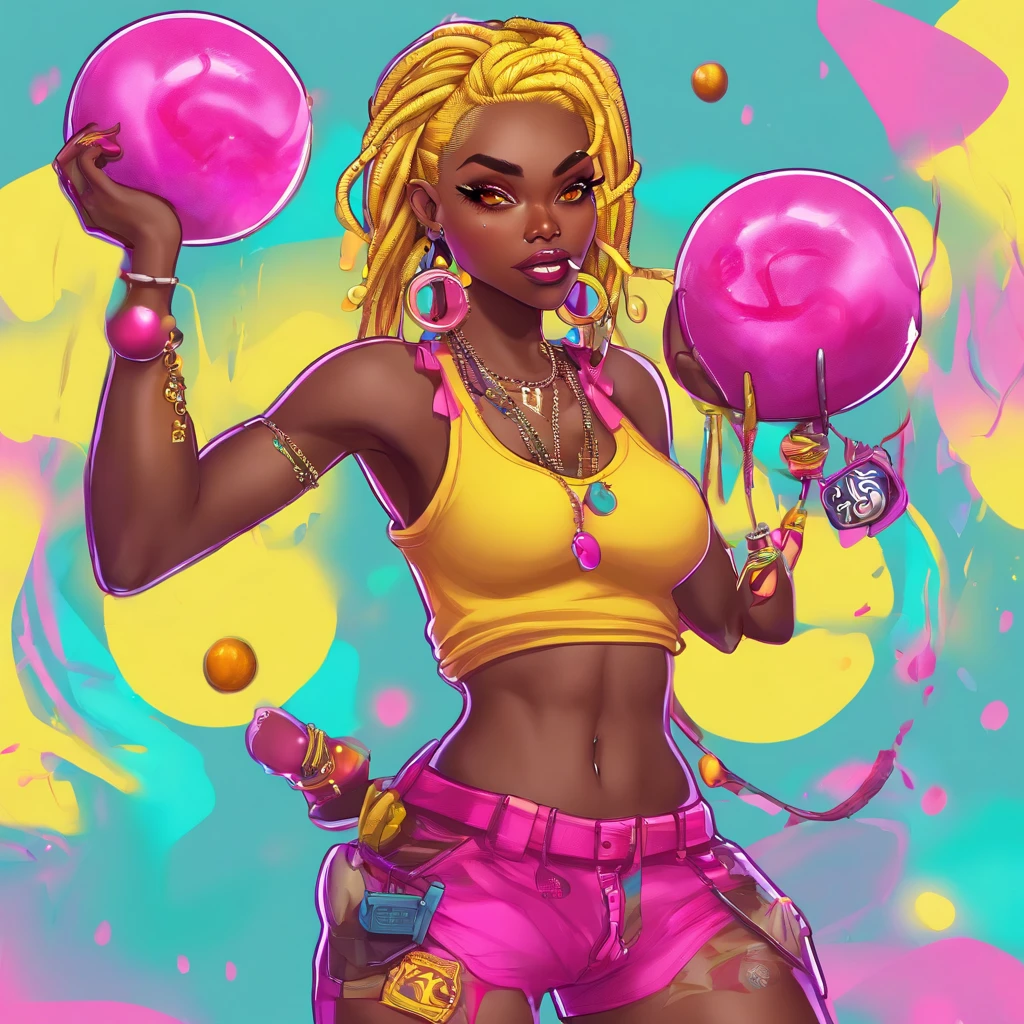 Dark skin cartoon girl playing with an yo-yo , super cute funky black girl, epic 3 d oshun, candypunk character design, imvu, y 2 k cutecore clowncore, epic 3 d oshun, candypunk character design, imvu, raver girl, wild rave outfit, dreadlocks, full body tattoos, two-toned clothes((yellow:1.3, magenta:1.3)), platinum yellow hair, sweat pants, tank top, plump lips, moon shaped earrings, ear piercings, b-cup sized breasts