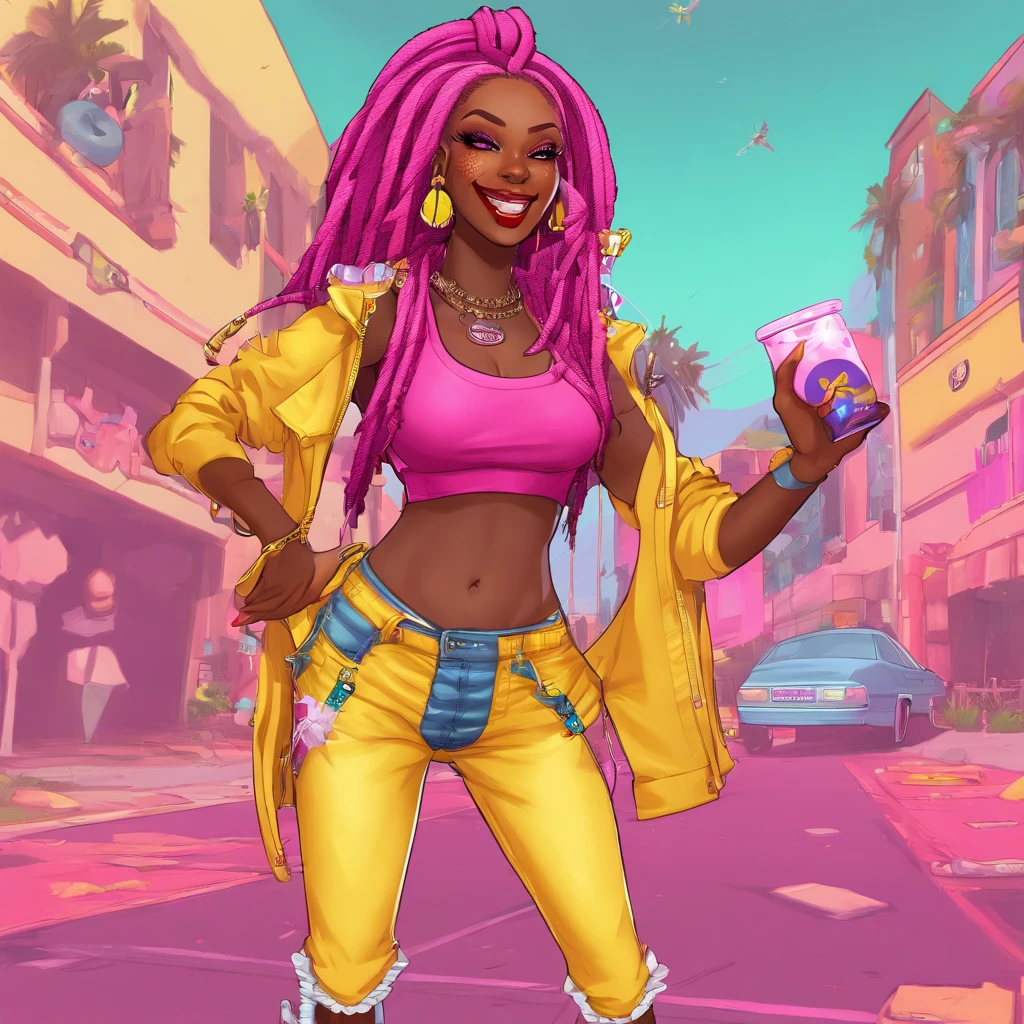 Dark skin cartoon girl playing with an yo-yo , super cute funky black girl, epic 3 d oshun, candypunk character design, imvu, y 2 k cutecore clowncore, epic 3 d oshun, candypunk character design, imvu, raver girl, wild rave outfit, dreadlocks, full body tattoos, two-toned clothes((yellow:1.3, magenta:1.3)), platinum yellow hair, sweat pants, tank top, plump lips, moon shaped earrings, ear piercings, b-cup sized breasts