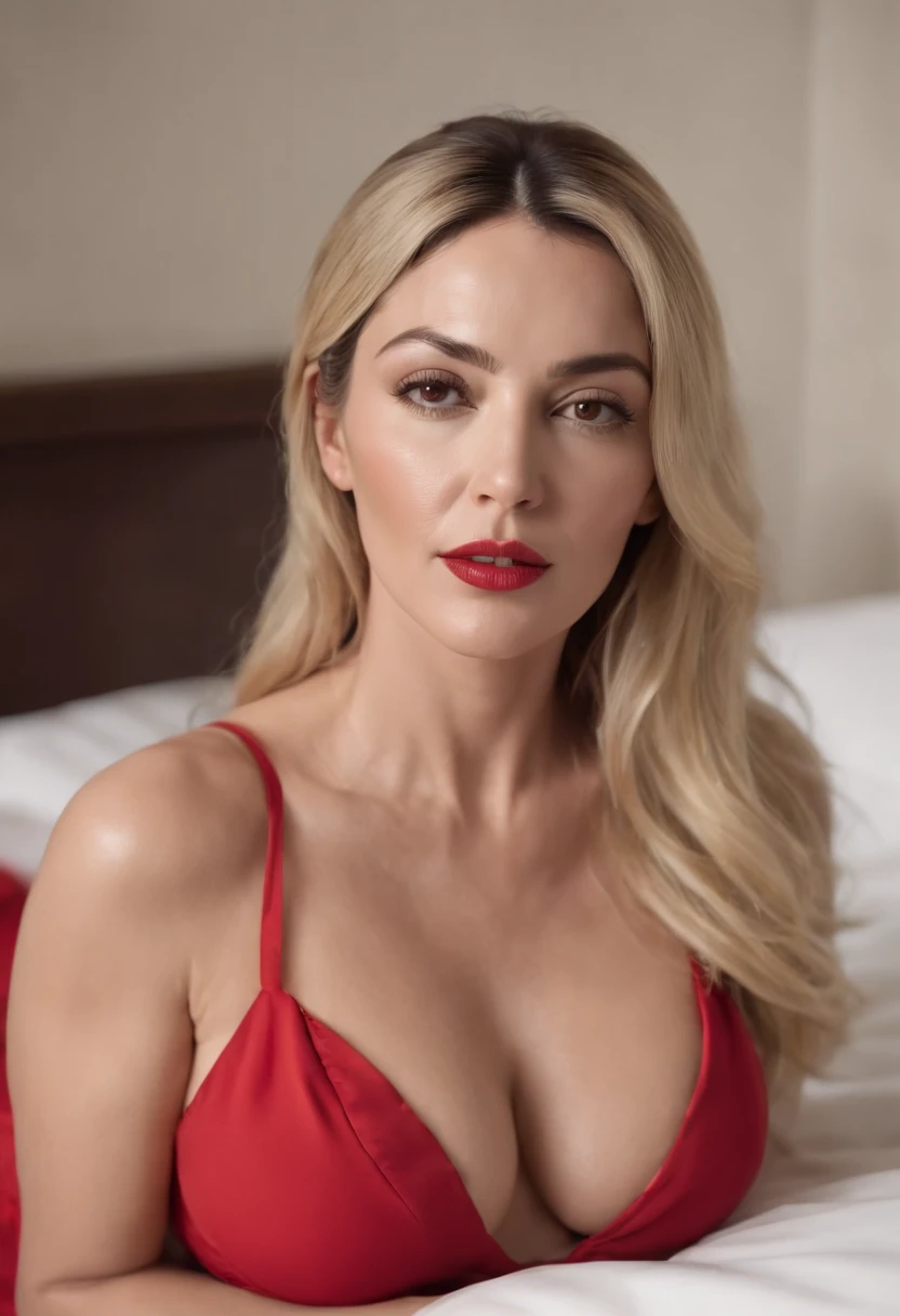 A beautiful milf, Monica Bellucci, blonde haired, beautiful body, seductive face, in red bikini, in bed, spreading legs, red lipstick, ultra realistic, ultra hd, 4k, 8k