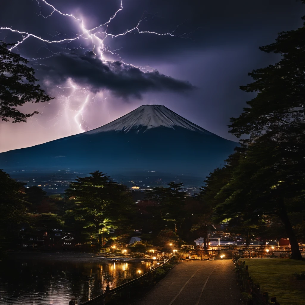 Master Parts、Superior Quality、superior image quality、The 8k quality、Beautiful photos of lightning:1.9、magnifica、(Mt fuji:1.9)、(((Dramatic Lightning:1.9)))