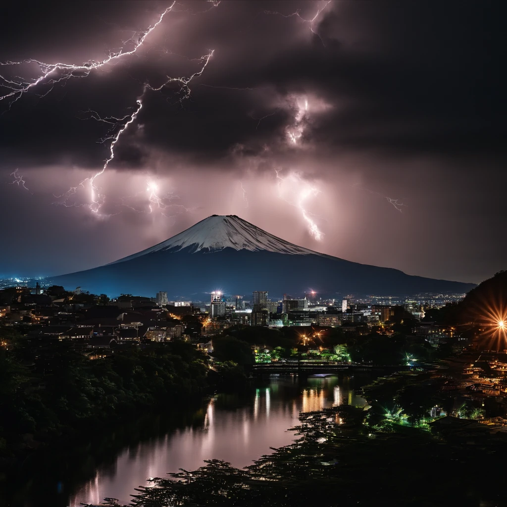 Master Parts、Superior Quality、superior image quality、The 8k quality、Beautiful photos of lightning:1.9、magnifica、(Mt fuji:1.9)、(((Dramatic Lightning:1.9)))