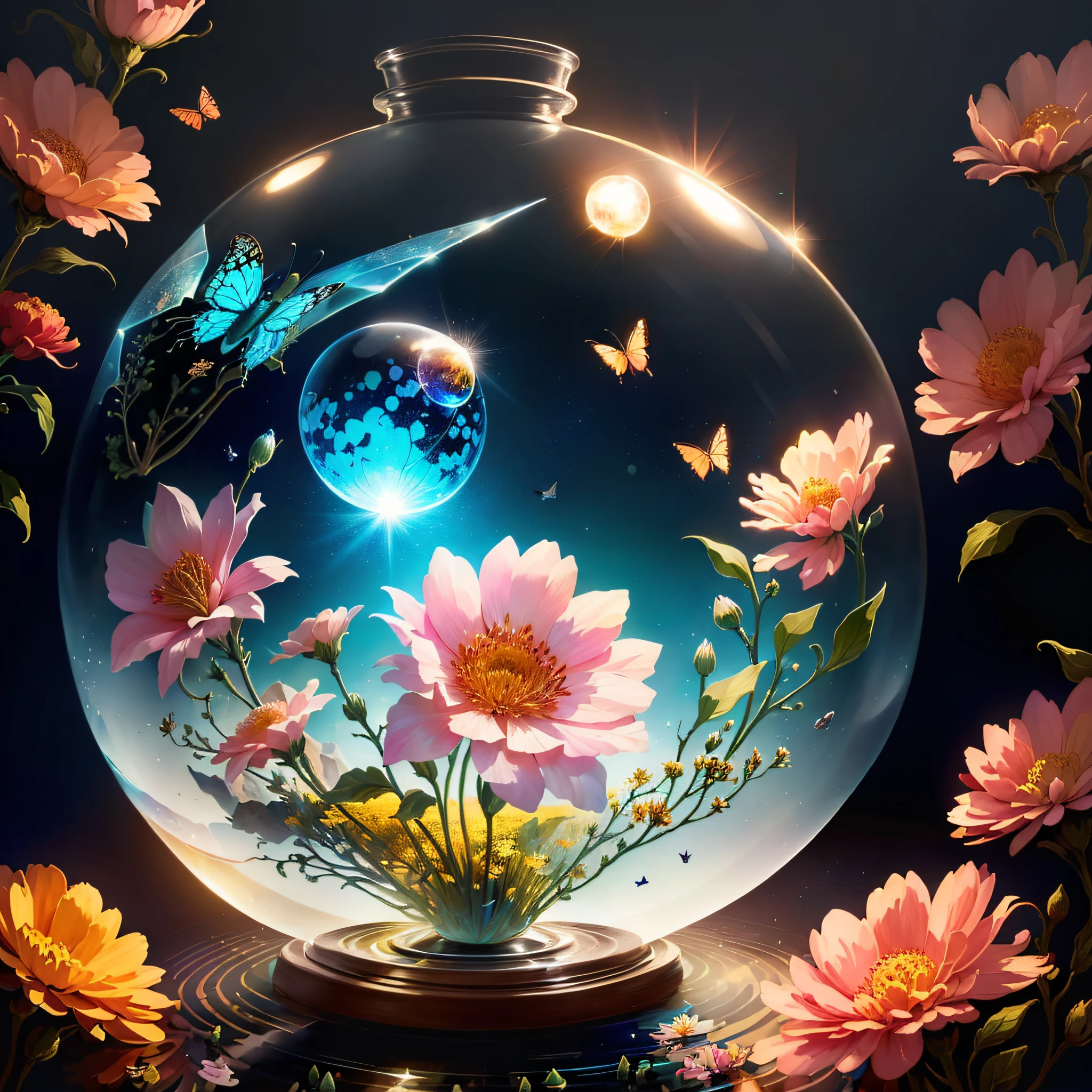 there is a glass ball with a picture of a butterfly and flowers inside, a beautiful artwork illustration, very beautiful digital art, beautiful digital artwork, graphic of enchanted terrarium, beautiful digital art, 4k highly detailed digital art, highly detailed illustration, digital art. highly detailed, surrealistic digital artwork, high detailed illustration, beautiful detailed illustration, moon light fish eye illustrator