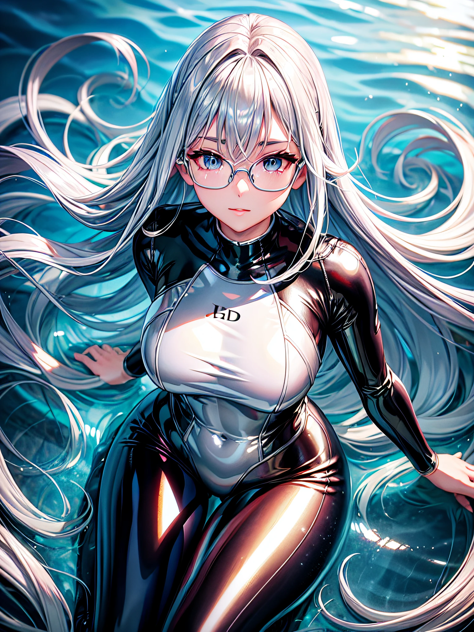 best image quality、8K、UHD、pieces fly、cute eyes、silver hair、Glasses、latex high neck swimwear、latex high neck school swimwear、short hair、短髪のsilver hair美女、wet skin、
