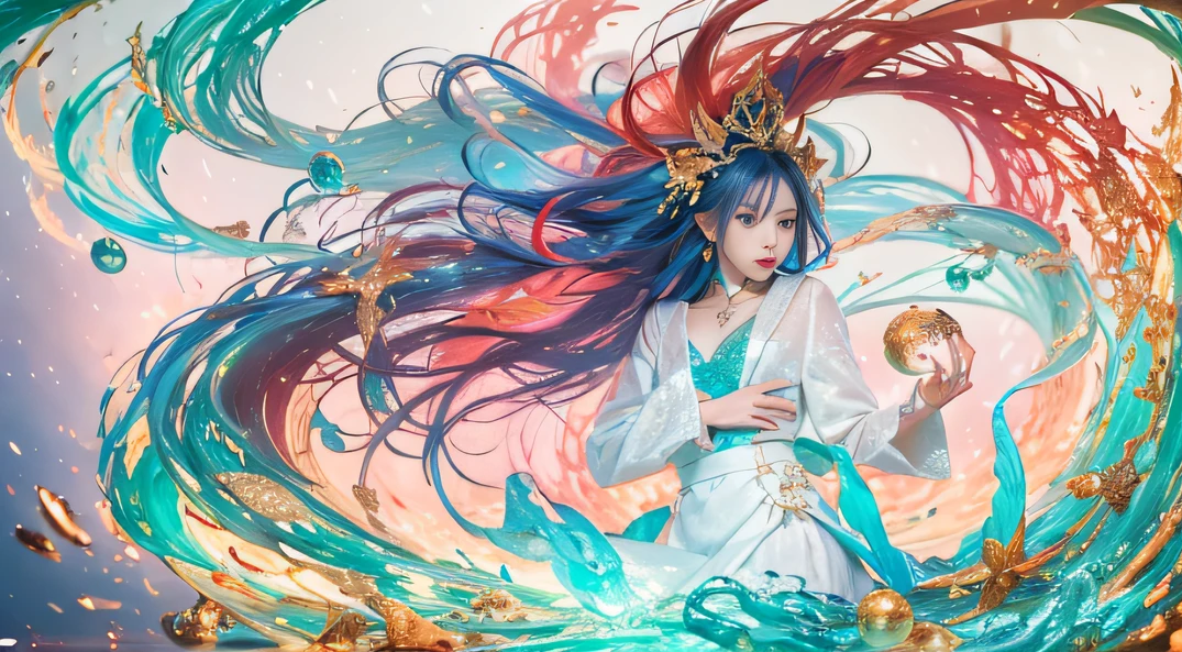 cyan colors,blue colors,enamel,agates,A flesh-colored world,Blood Girl 32K(tmasterpiece,k hd,Aoyama Pond,hyper HD,32K)Long flowing bright blue hair,blood pond,zydink, a color,Grumpy (Post-halo), (Linen scarf), Combat posture, looking at the ground, long whitr hair, Floating bright blue, Fire cloud pattern gold tiara, Chinese long-sleeved gold silk burgundy garment, (Abstract metaverse splash:1.2), white backgrounid,Peony flower vitality protector(realisticlying:1.4),Bright purple hair,Smoke on the road,The background is pure, A high resolution, the detail, RAW photogr, Sharp Re, Nikon D850 Film Stock Photo by Jefferies Lee 4 Kodak Portra 400 Camera F1.6 shots, Rich colors, ultra-realistic vivid textures, Dramatic lighting, Unreal Engine Art Station Trend, cinestir 800,A girl with long flowing bright blue hair,Huge colorful bubbles