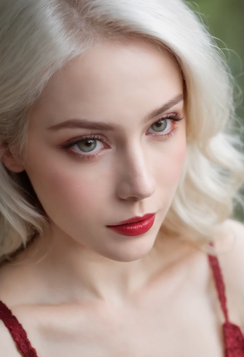 (((a deep reddish wound crosses her left cheek))) fair complexion, woman around 19 years old, natural white hair, distinctive green eyes, wearing kohl, slender and graceful, beautiful, ultra sharp focus, realistic shot, tetradic colors (scar:1.4), big boobs, red lingerie