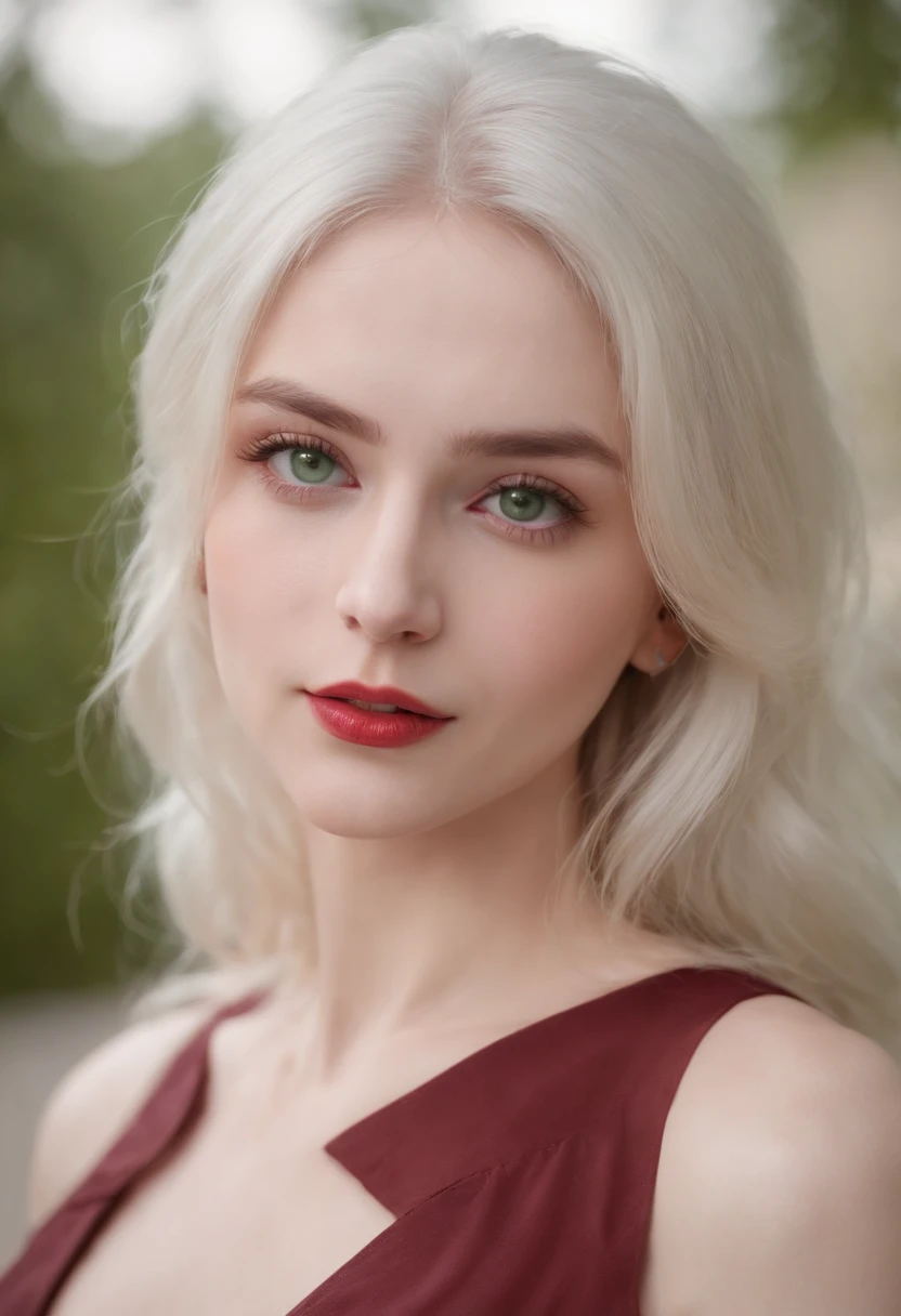 (((a deep reddish wound crosses her left cheek))) fair complexion, woman around 19 years old, natural white hair, distinctive green eyes, wearing kohl, slender and graceful, beautiful, ultra sharp focus, realistic shot, tetradic colors (scar:1.4), big boobs, red lingerie