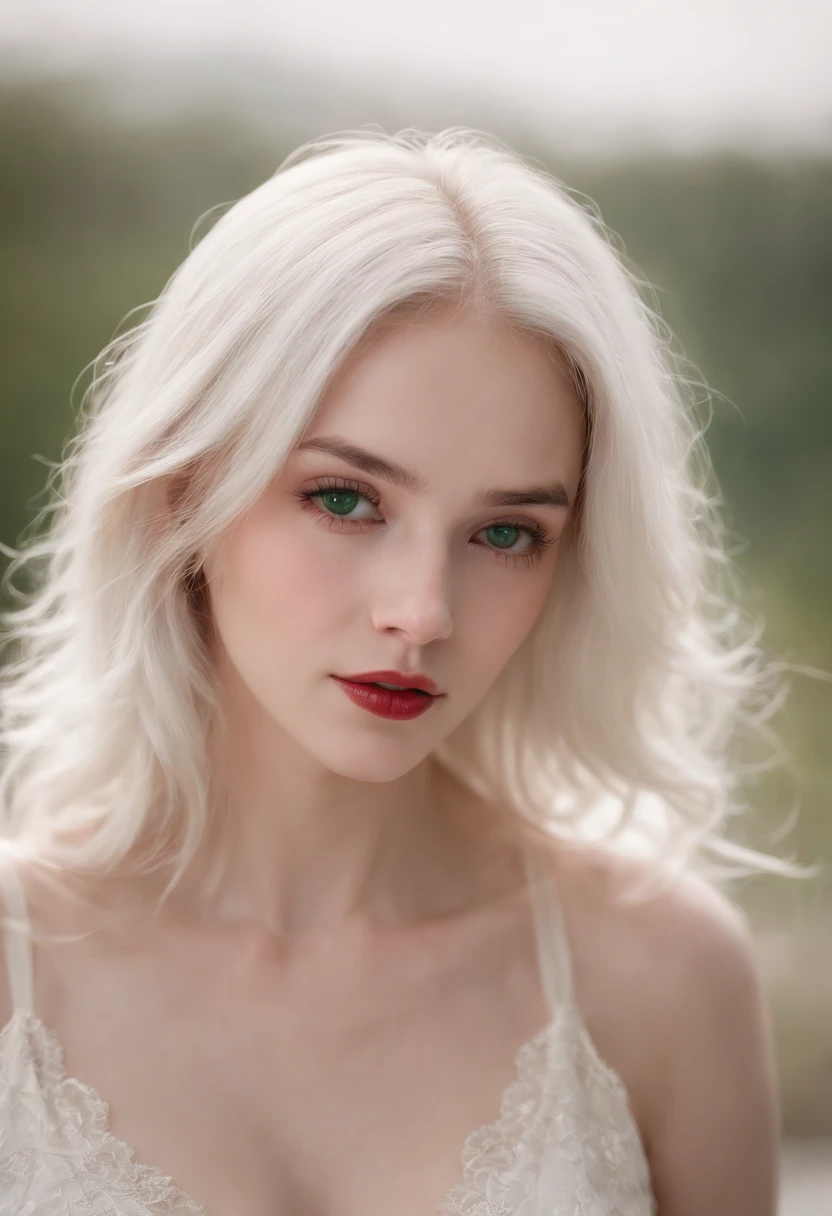 (((a deep reddish wound crosses her left cheek))) fair complexion, woman around 19 years old, natural white hair, distinctive green eyes, wearing kohl, slender and graceful, beautiful, ultra sharp focus, realistic shot, tetradic colors (scar:1.4), big boobs, red lingerie, full body