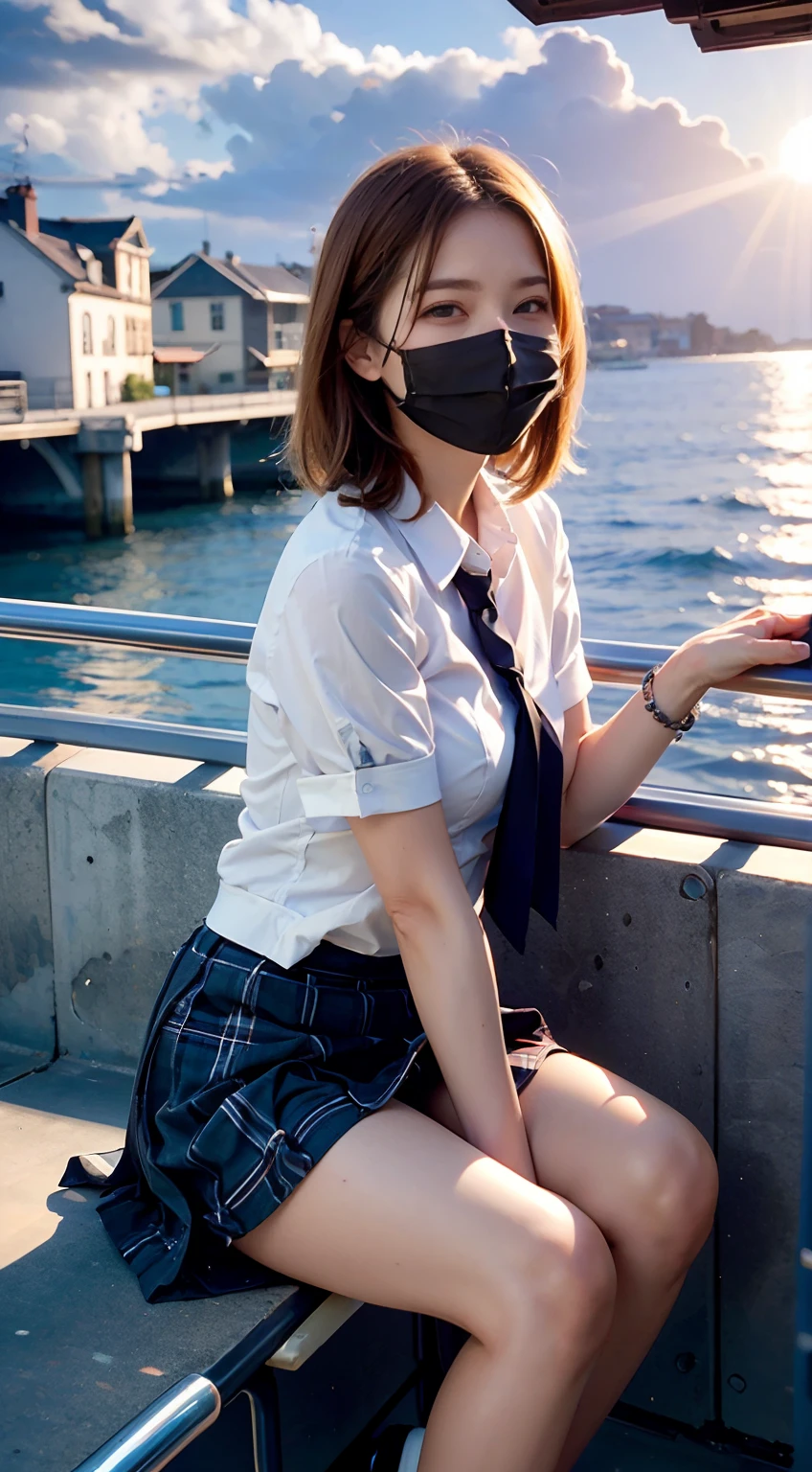 Masterpiece :1.3), A pretty woman, Highly detailed face and skin texture, Detailed eyes, Double eyelid,
Against the backdrop of an orange-tinted sunset sky with clouds and the sun sinking into the sea, there is a beautiful high school girl in a school uniform sitting. , Her hair is light brown, and it’s in a medium bob style. She’s wearing a white blouse and pleated skirt as part of her uniform. , She’s sitting with her legs apart, and her gaze is directed towards the camera. ,Please create this scene from a low-angle shot.,