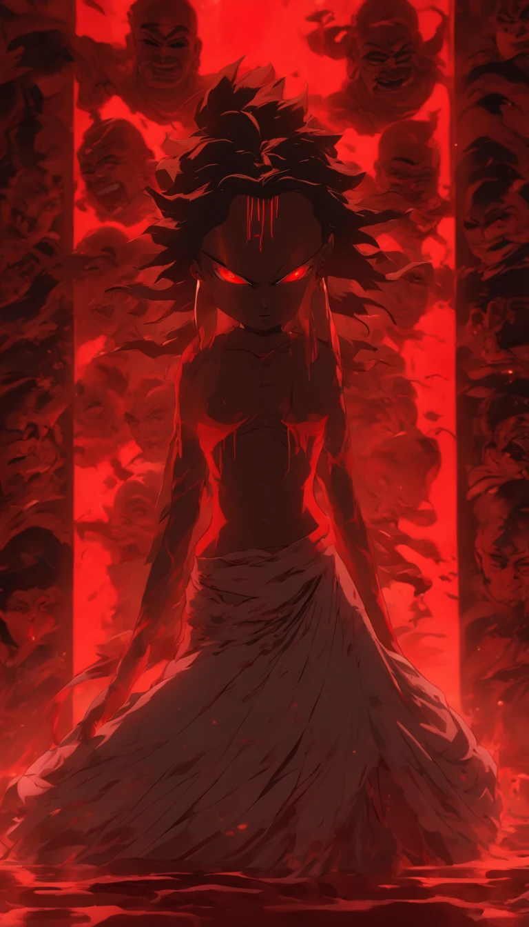 Blood red room, Flashing white TV screen, BUDDHA STATUE, cabelos preto e longos, with hair dishevelled, Cover one eye and face, Bright red eyes, Wearing a white transparent robe, Looming full breasts,liquor,Devil, reaching out her hands,Straighten your body, Red nails are exposed, Pinch the camera, hyper HD, Anatomically correct, Textured skin, Super detail, High details, High quality, A high resolution, 8K, hyper HD, Anatomically correct, Textured skin, Super detail, High details, High quality, Best quality, 8K,Leishnampo,Room 2,Horror