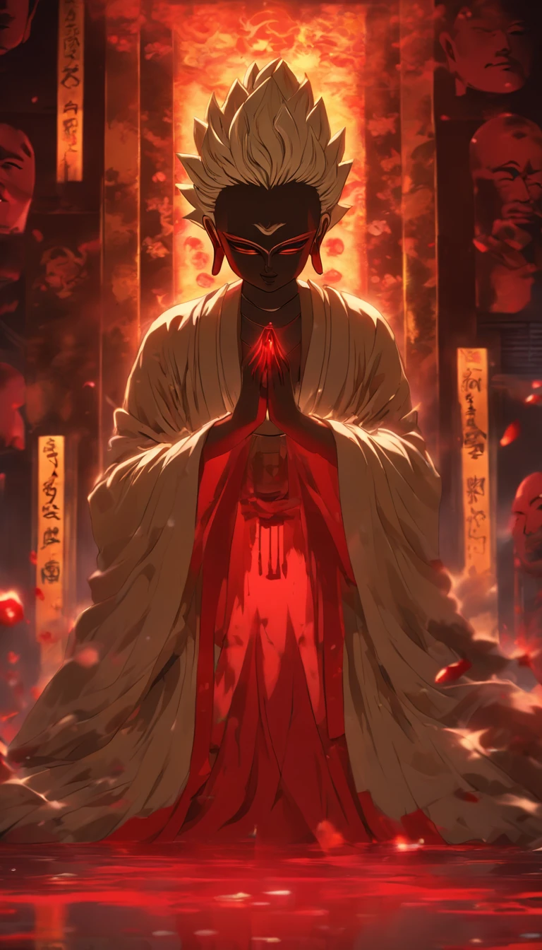 Blood red room, Flashing white TV screen, BUDDHA STATUE, cabelos preto e longos, with hair dishevelled, Cover one eye and face, Bright red eyes, Wearing a white transparent robe, Looming full breasts,liquor,Devil, reaching out her hands,Straighten your body, Red nails are exposed, Pinch the camera, hyper HD, Anatomically correct, Textured skin, Super detail, High details, High quality, A high resolution, 8K, hyper HD, Anatomically correct, Textured skin, Super detail, High details, High quality, Best quality, 8K,Leishnampo,Room 2,Horror