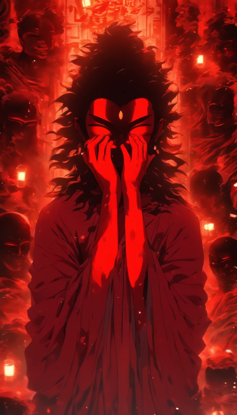 Blood red room, Flashing white TV screen, BUDDHA STATUE, cabelos preto e longos, with hair dishevelled, Cover one eye and face, Bright red eyes, Wearing a white transparent robe, Looming full breasts,liquor,Devil， reaching out her hands，Straighten your body, Red nails are exposed, Pinch the camera, hyper HD, Anatomically correct, Textured skin, Super detail, High details, High quality, A high resolution, 8K, hyper HD, Anatomically correct, Textured skin, Super detail, High details, High quality, Best quality, 8K,Leishnampo,Room 2,Horror