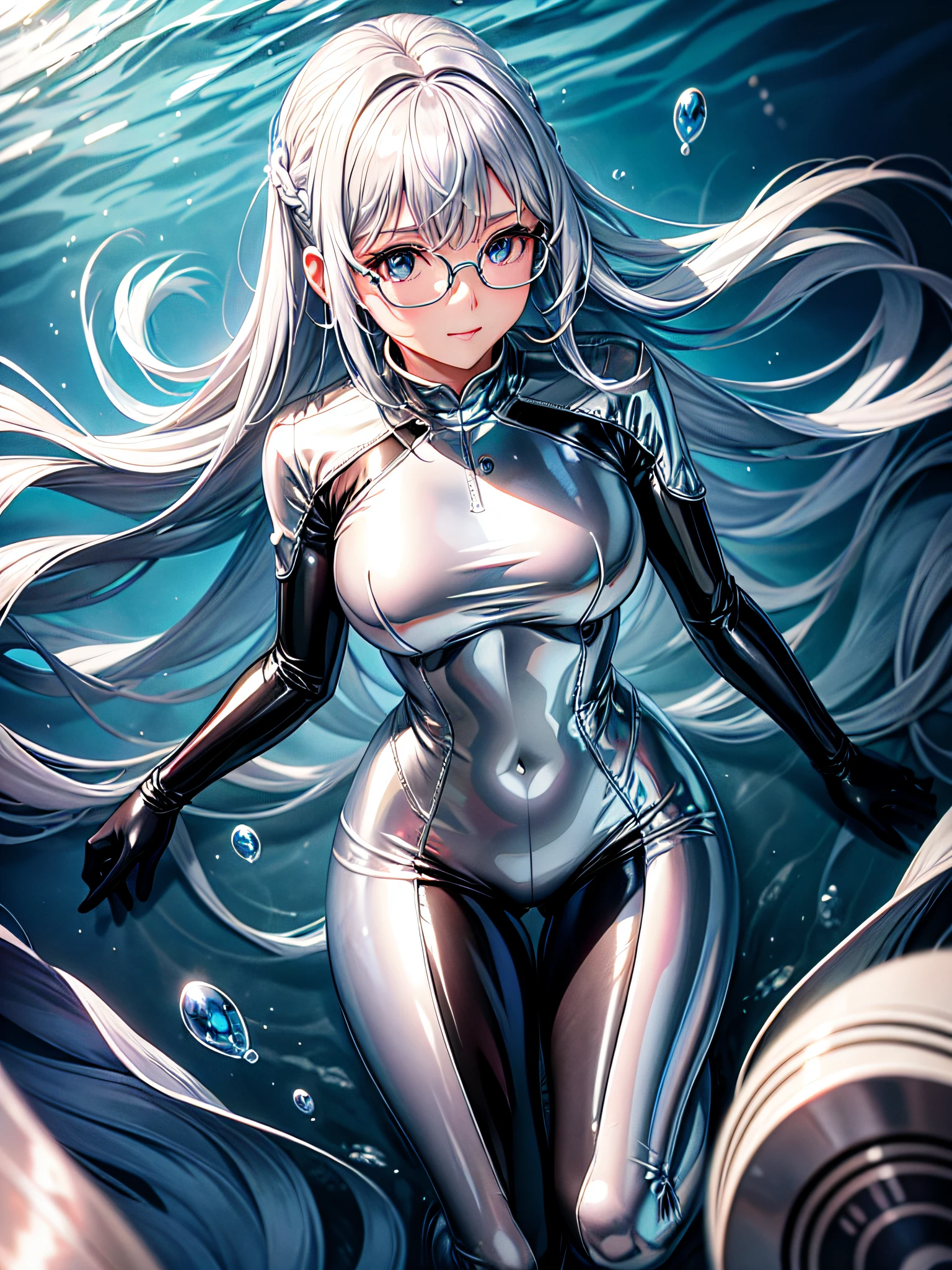 5 8K UHD、Silver shiny silver full body rider suit with glasses silver hair and nosed beauty floating underwater、Shiny silver latex slider suit with hidden skin