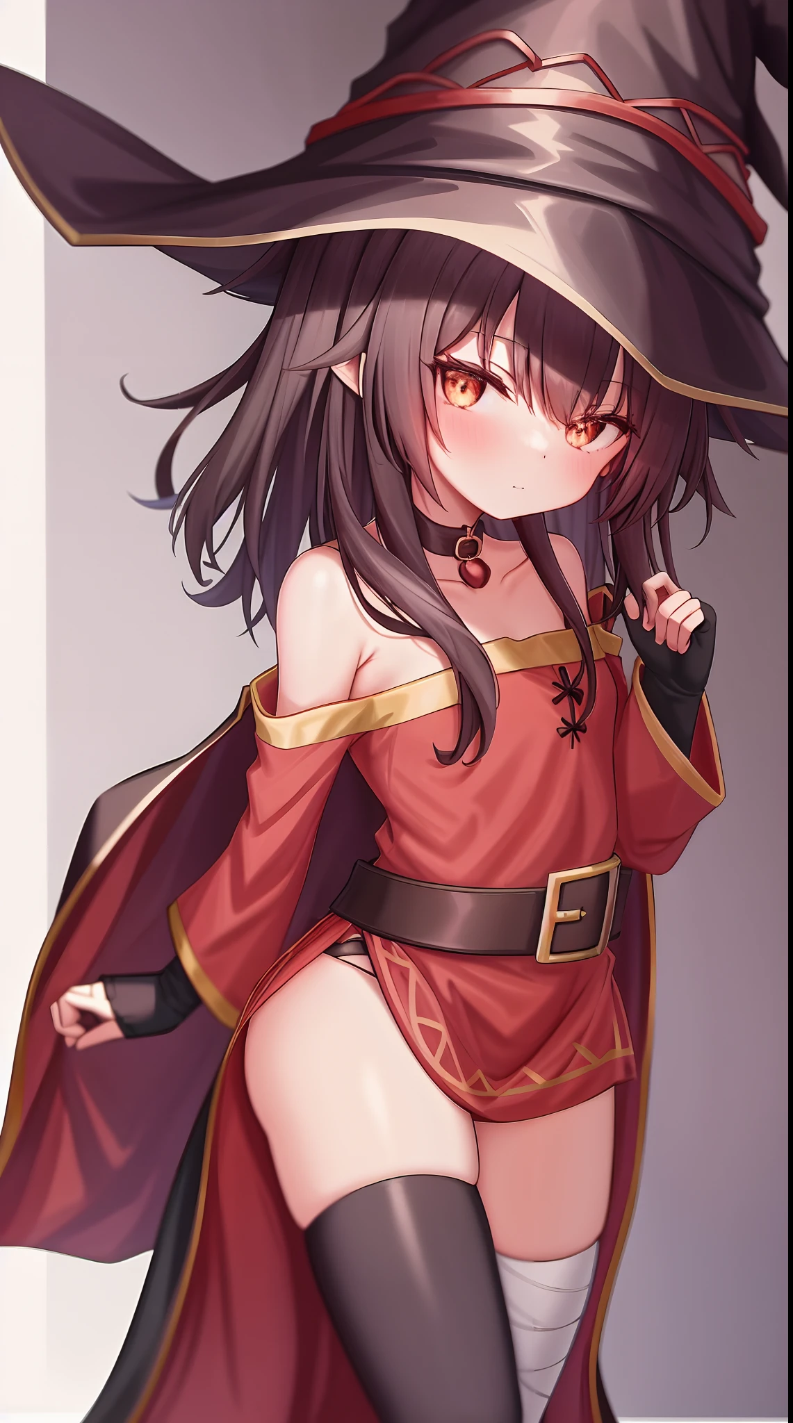Megumi, 1girll, 独奏, standing on your feet,full bodyesbian, looking at viewert, bucket-hat, Witch hat, brown hair, short long hair, red eyes, Be red in the face,laughingly, a black choker, 鎖骨, flatchest, off the shoulder dress, shift dresses, Red dress, Brown cape, longer sleeves, black glove, Fingerless gloves, obi strip, Brown belt, Golden decoration, Zetai Long Iki, dent in the skin, (Asymmetrical legs:1.4), mismatched legwear,(bandaged leg:1.3),black thighhigns,(The arms are behind the back:1.3),