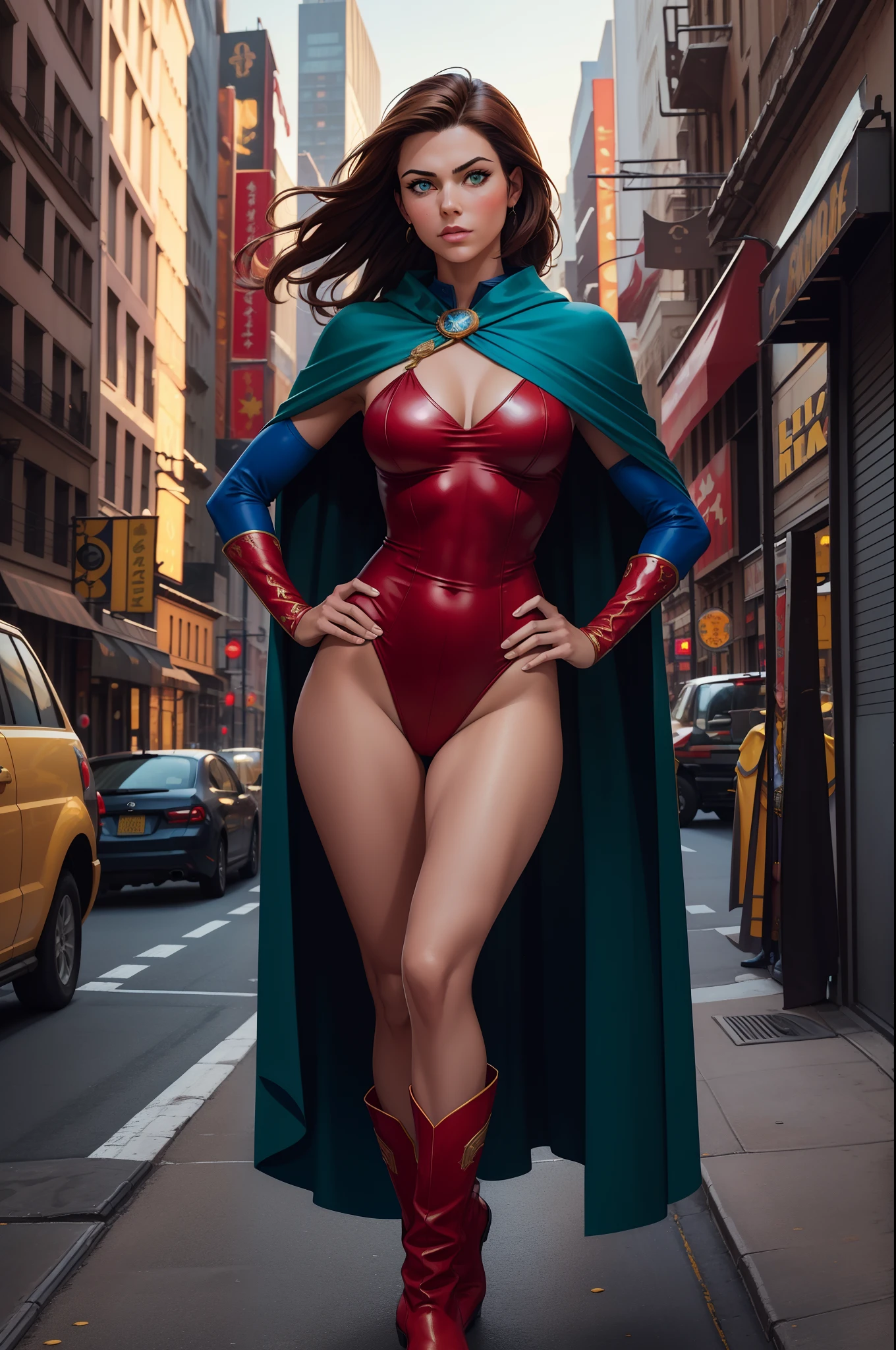 ((best quality)), ((masterpiece)), ((ultra realistic)), (dynamic heroic pose), american, beautiful detailed face, detailed eyes, sexy reporter, dressed in a red leotard, new york city backdrop, highly detailed, professional, bare legs, (full body costume design), hands on hip, standing, brown hair, medium hair, green eyes, matching boots, long sleeves, yellow hawk-shaped crest engraved on chest, blue cape, cowboy shot