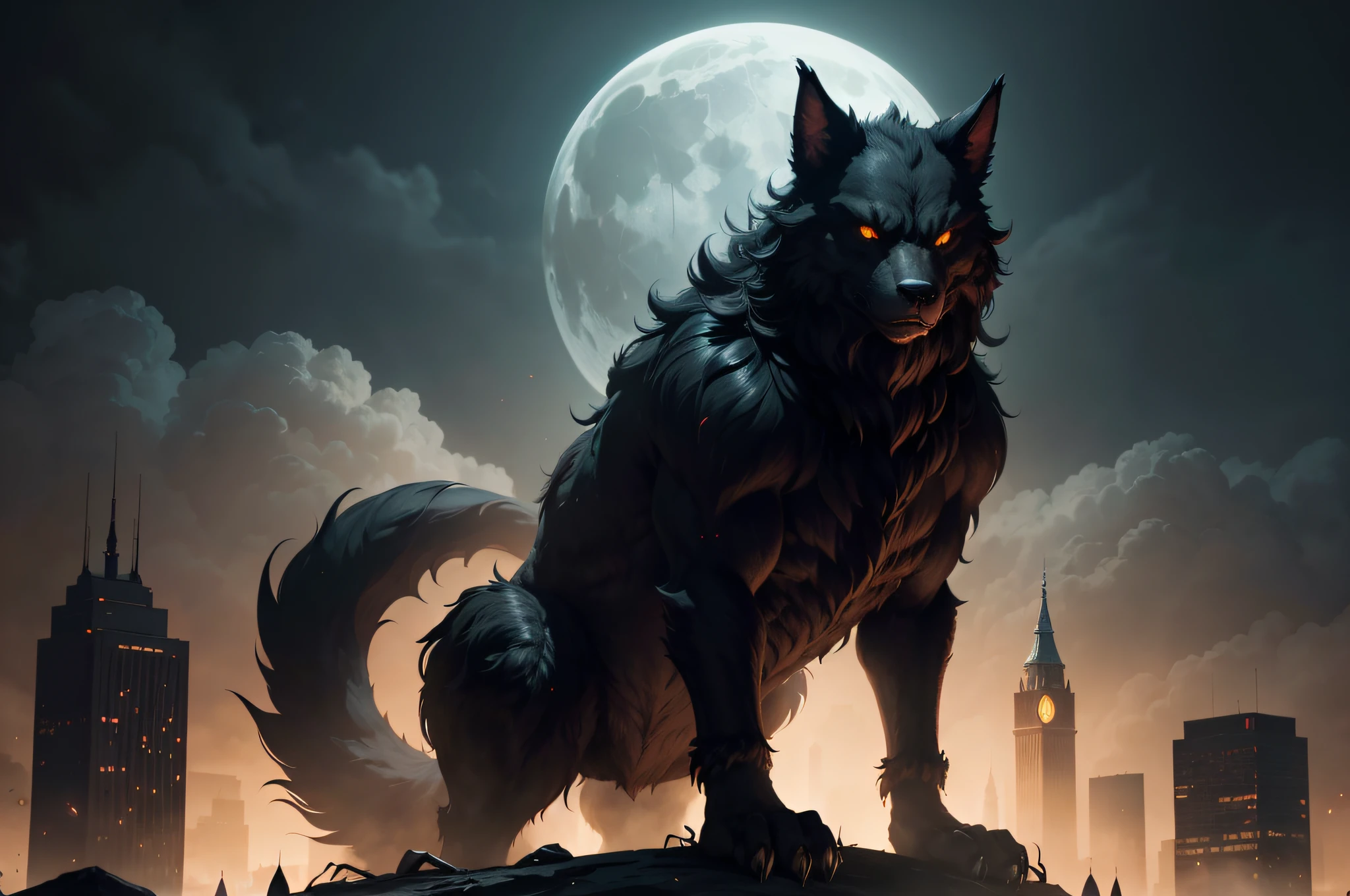 (best quality,4k,highres),a 2-meter-tall werewolf,thick covering,black-furred,nearly incandescent yellow eyes. It stands calmly, observing the city from above, evoking the Gothic style of Gotham City. This creature embodies the essence of Gothic horror, reminiscent of the world of "Wolfman: Apocalypse" in the "Dark World" cosmos. Sinister and menacing, with red and white tones.