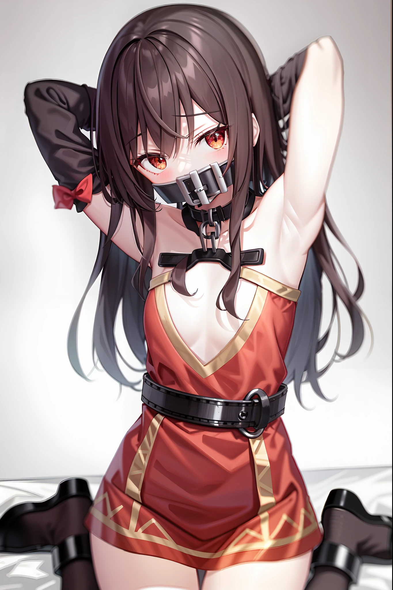 1girll,Arms behind your head, Long_Hair, Looking_at_peeping at the viewer, upper legs, the bow, shackle, abused, shackle, ropes, shackle, Red apple gagging, Bound_Arms, Ball_gag, shibari_polypubic hair_clothes,brown hair, short detailed hair, Red eyes, 鎖骨, flatchest, dent in the skin,