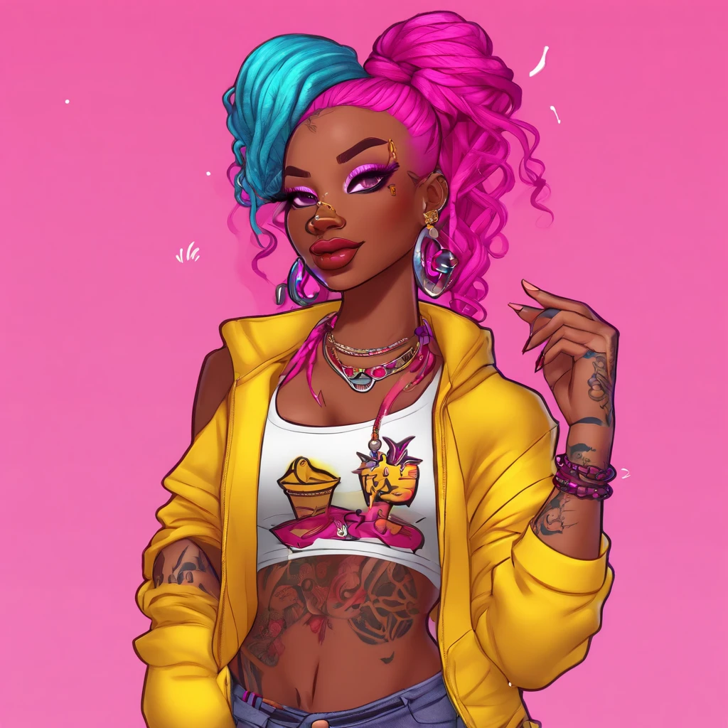 Dark skin cartoon girl with tattoos , super cute funky black girl, epic 3 d oshun, candypunk character design, imvu, y 2 k cutecore clowncore, epic 3 d oshun, candypunk character design, imvu, raver girl, wild rave outfit, dreadlocks, full body tattoos, two-toned clothes((yellow:1.3, magenta:1.3)), platinum yellow hair, sweat pants, tank top, plump lips, moon shaped earrings, ear piercings, b-cup sized breasts, yo-yo 🪀