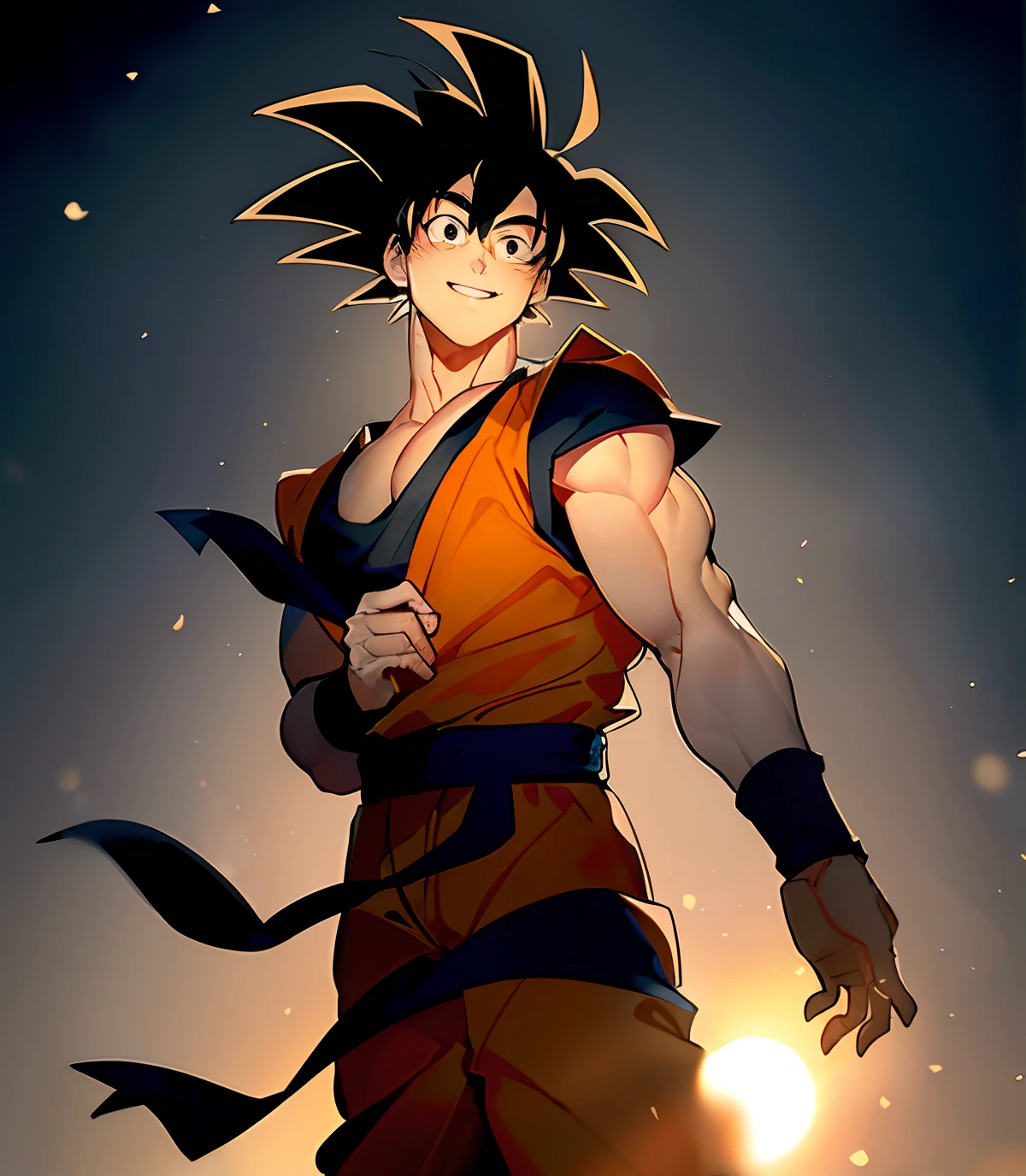 son goku, 1boy, backlighting, black eyes, black hair, blue wristband, closed mouth, dougi, hair strand, hands up, light particles, looking at viewer, male focus, muscular, muscular male, pectorals, smile, solo, spiked hair, upper body, wristband, ((masterpiece))