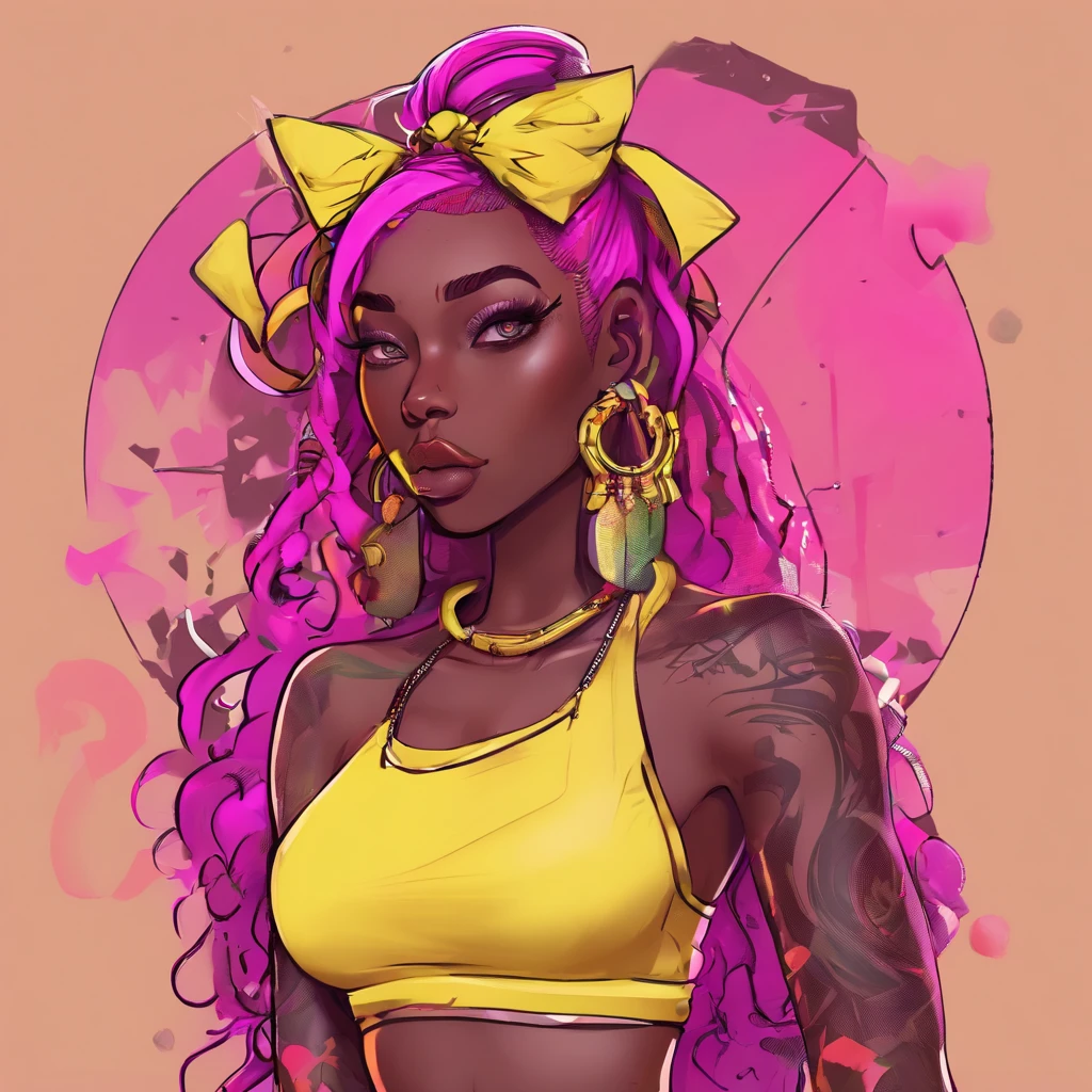 Dark skin cartoon girl with tattoos , super cute funky black girl, epic 3 d oshun, candypunk character design, imvu, y 2 k cutecore clowncore, epic 3 d oshun, candypunk character design, imvu, raver girl, wild rave outfit, dreadlocks, full body tattoos, two-toned clothes((yellow:1.3, magenta:1.3)), platinum yellow hair, sweat pants, tank top, plump lips, moon shaped earrings, ear piercings, b-cup sized breasts, yo-yo 🪀