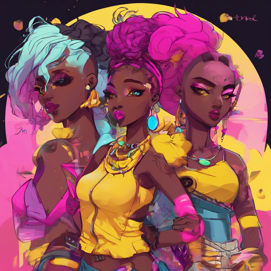 Dark skin cartoon girl with tattoos , super cute funky black girl, epic 3 d oshun, candypunk character design, imvu, y 2 k cutecore clowncore, epic 3 d oshun, candypunk character design, imvu, raver girl, wild rave outfit, dreadlocks, full body tattoos, two-toned clothes((yellow:1.3, magenta:1.3)), platinum yellow hair, sweat pants, tank top, plump lips, moon shaped earrings, ear piercings, b-cup sized breasts, yo-yo 🪀
