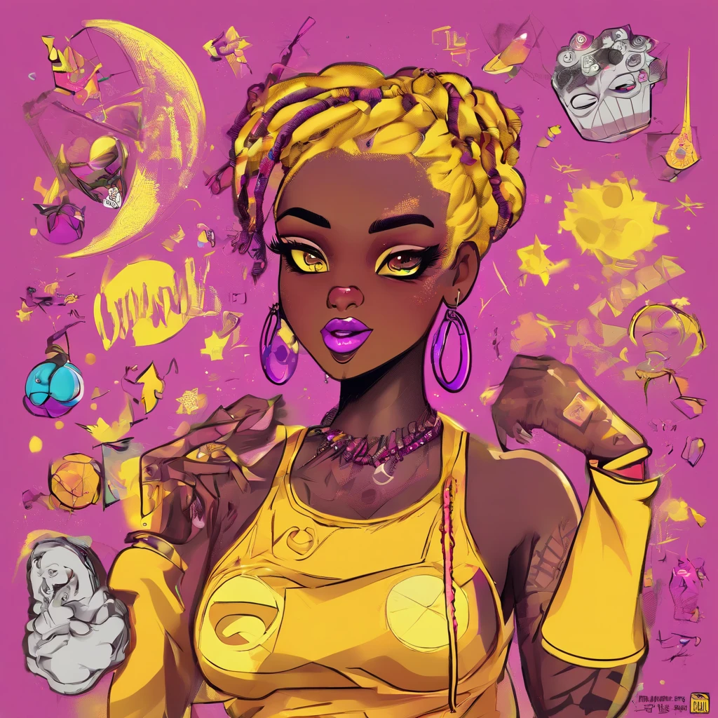 Dark skin cartoon girl with tattoos , super cute funky black girl, epic 3 d oshun, candypunk character design, imvu, y 2 k cutecore clowncore, epic 3 d oshun, candypunk character design, imvu, raver girl, wild rave outfit, dreadlocks, full body tattoos, two-toned clothes((yellow:1.3, magenta:1.3)), platinum yellow hair, sweat pants, tank top, plump lips, moon shaped earrings, ear piercings, b-cup sized breasts, yo-yo 🪀