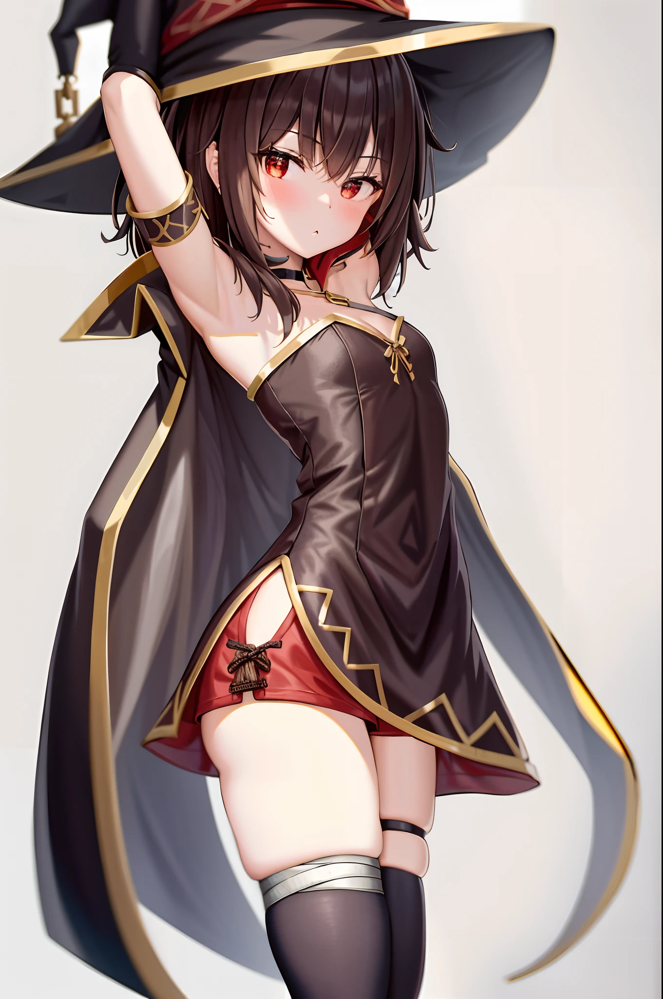 Real Style, neoartcore、Megumin、1girl in、Plain shoulderlack cloak、A dark-haired、red blush、cape、a choker、鎖骨、See-through micro bikini、Hair between the eyes、see the beholder、middle hair、off shoulders、red eyes、side locks、独奏、((​masterpiece)), tits out, small tits, long hair fluttering, smiling