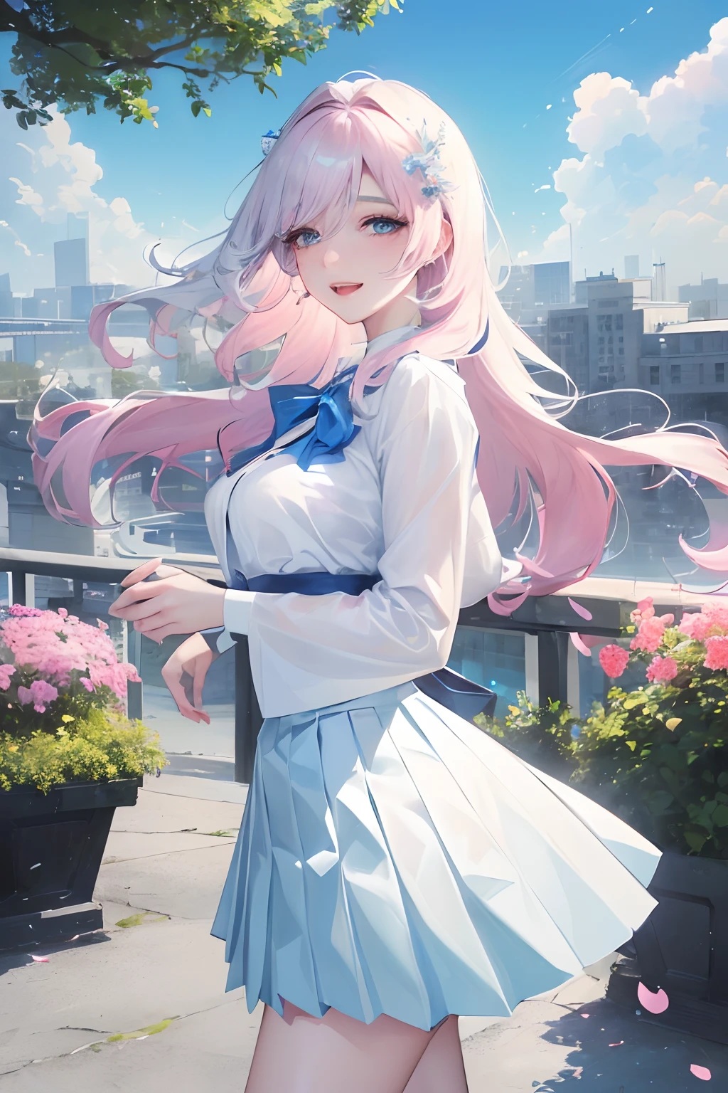official art, masterpiece, sharp focus, (beautiful gorgeous cute korean woman:1.3), (beautiful cute korean woman:1.3), korean beauty, delicate and beautiful hair and eyes and face, realistic, super detailed, beauty girl, blue sky, glow white particles, (side light: 1.2), sunshine, white clouds, fine clouds, slender, pretty breasts and big buttocks, smile with teeth, ((laugh with eyes, open both eyes )), scenery, long straight hair, sexy look, buildings, (cityscape: 1.7), dynamic hair, long straight hair, detailed platinum pink hair, sparkling blue eyes, (blue pleated shirt + white skirt) , white long socks, white skin, hair ornaments, magnificent scenery,