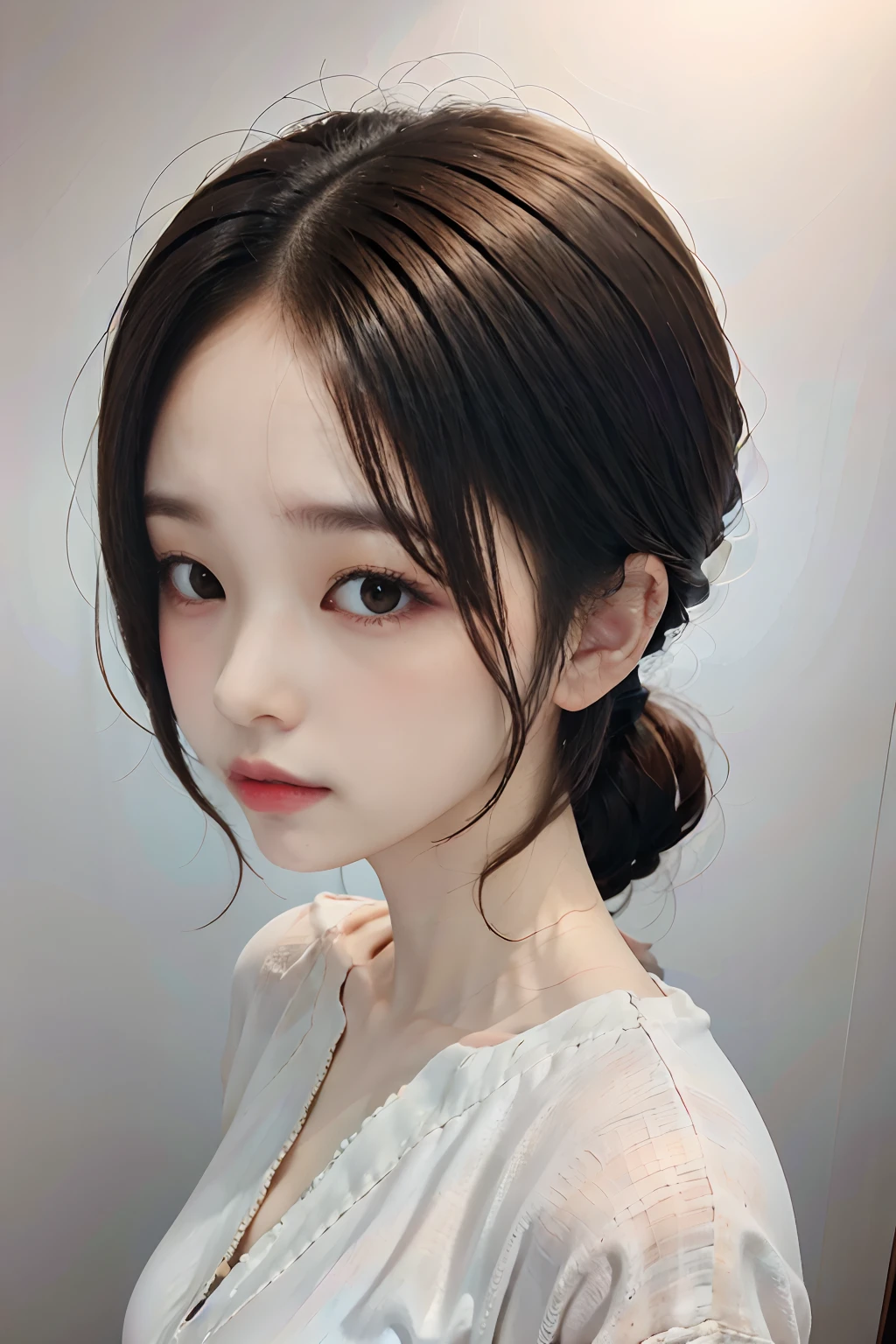 masutepiece、white shirt、Short ponytail、Gray background