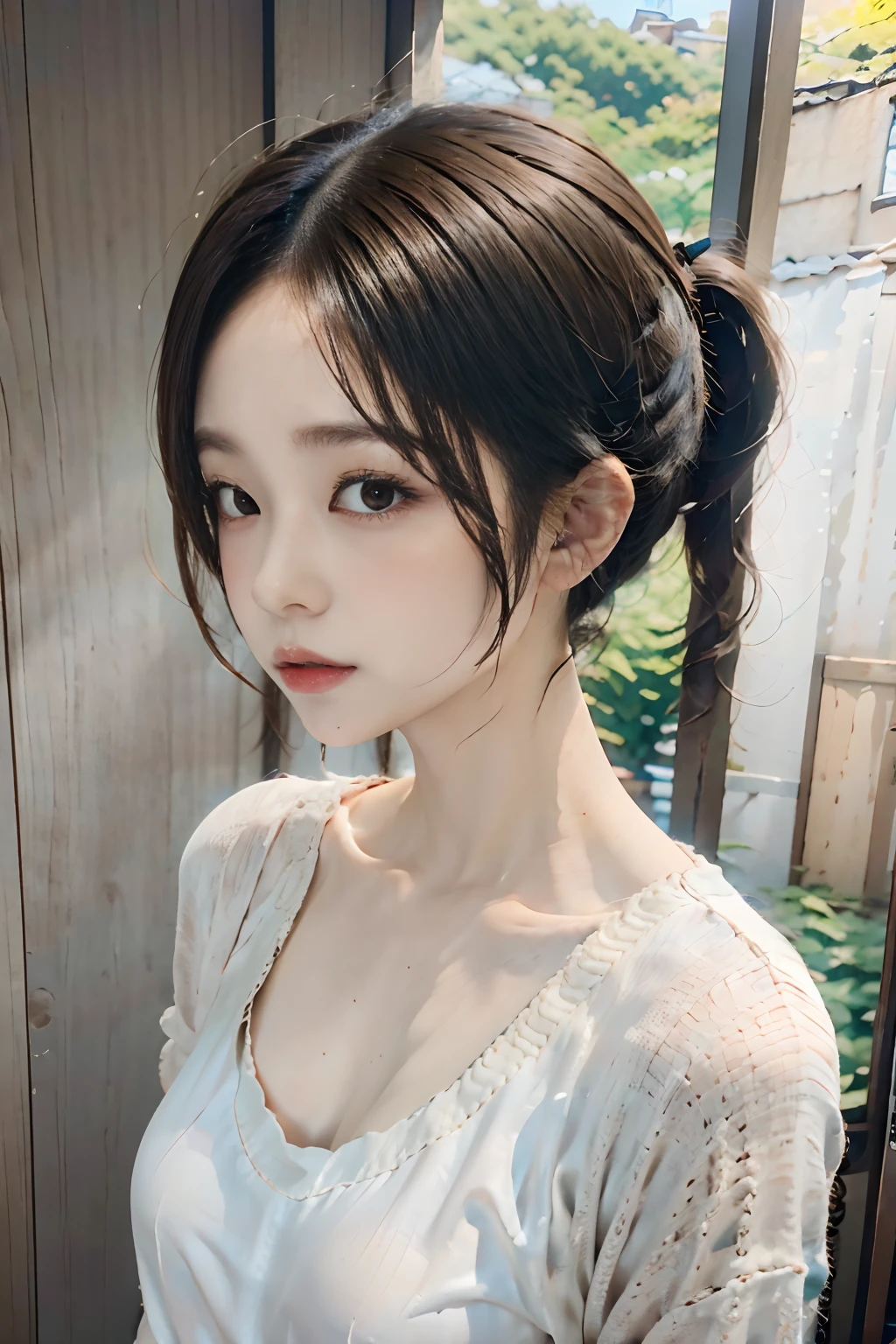 highest quality, Realistic, 8K, High resolution, 1 Girl, woman, (Skin dents), (Portraiture:0.6), nice, ((White Background, naked, Small breasts:1.65)), (Brown hair in braids, Parted bangs:1.4), Watching the audience, (1 Girl eyes Watching the audience:1.6), Realistic, (Bokeh), (Closed Mouth, smile:1.3), nice, Purelos Face_V1:1,Upper body close-up、