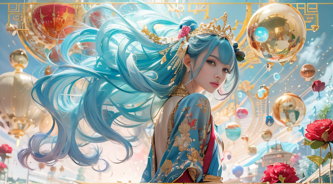 cyan colors,blue colors,enamel,agates,A flesh-colored world,Blood Girl 32K(tmasterpiece,k hd,Aoyama Pond,hyper HD,32K)Long flowing bright blue hair,blood pond,zydink, a color,Grumpy (Post-halo), (Linen scarf), Combat posture, looking at the ground, long whitr hair, Floating bright blue, Fire cloud pattern gold tiara, Chinese long-sleeved gold silk burgundy garment, (Abstract metaverse splash:1.2), white backgrounid,Peony flower vitality protector(realisticlying:1.4),Bright purple hair,Smoke on the road,The background is pure, A high resolution, the detail, RAW photogr, Sharp Re, Nikon D850 Film Stock Photo by Jefferies Lee 4 Kodak Portra 400 Camera F1.6 shots, Rich colors, ultra-realistic vivid textures, Dramatic lighting, Unreal Engine Art Station Trend, cinestir 800,A girl with long flowing bright blue hair,Huge colorful bubbles