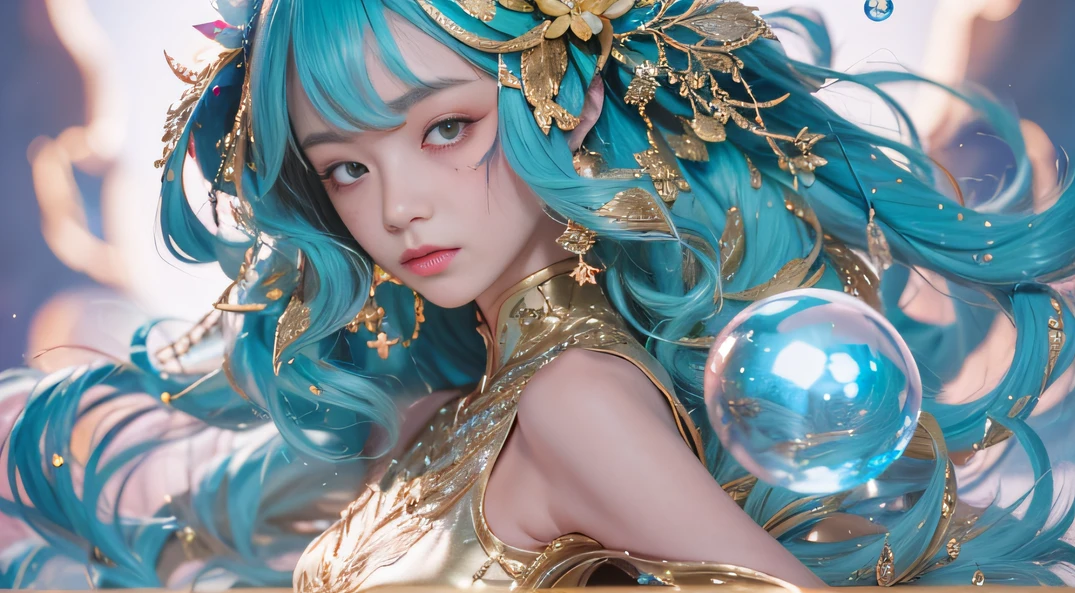 cyan colors,blue colors,enamel,agates,A flesh-colored world,Blood Girl 32K(tmasterpiece,k hd,Aoyama Pond,hyper HD,32K)Long flowing bright blue hair,blood pond,zydink, a color,Grumpy (Post-halo), (Linen scarf), Combat posture, looking at the ground, long whitr hair, Floating bright blue, Fire cloud pattern gold tiara, Chinese long-sleeved gold silk burgundy garment, (Abstract metaverse splash:1.2), white backgrounid,Peony flower vitality protector(realisticlying:1.4),Bright purple hair,Smoke on the road,The background is pure, A high resolution, the detail, RAW photogr, Sharp Re, Nikon D850 Film Stock Photo by Jefferies Lee 4 Kodak Portra 400 Camera F1.6 shots, Rich colors, ultra-realistic vivid textures, Dramatic lighting, Unreal Engine Art Station Trend, cinestir 800,A girl with long flowing bright blue hair,Huge colorful bubbles