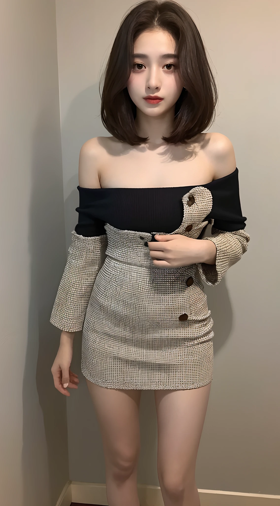 ((masterpiece)),(((Highest quality))),Thin thighs,Long legs,whole body:1.5,(One Girl:1.3),(Black high heels:1.3),(Wearing a mid-length flared skirt dress with a floral stripe pattern:1.2),Pull up the hem of your skirt with both hands:1.5,Curly blonde hair:1.2、Model pose with legs spread wide:1.5,Bright expression:1.5,Exposing thighs:1.5,