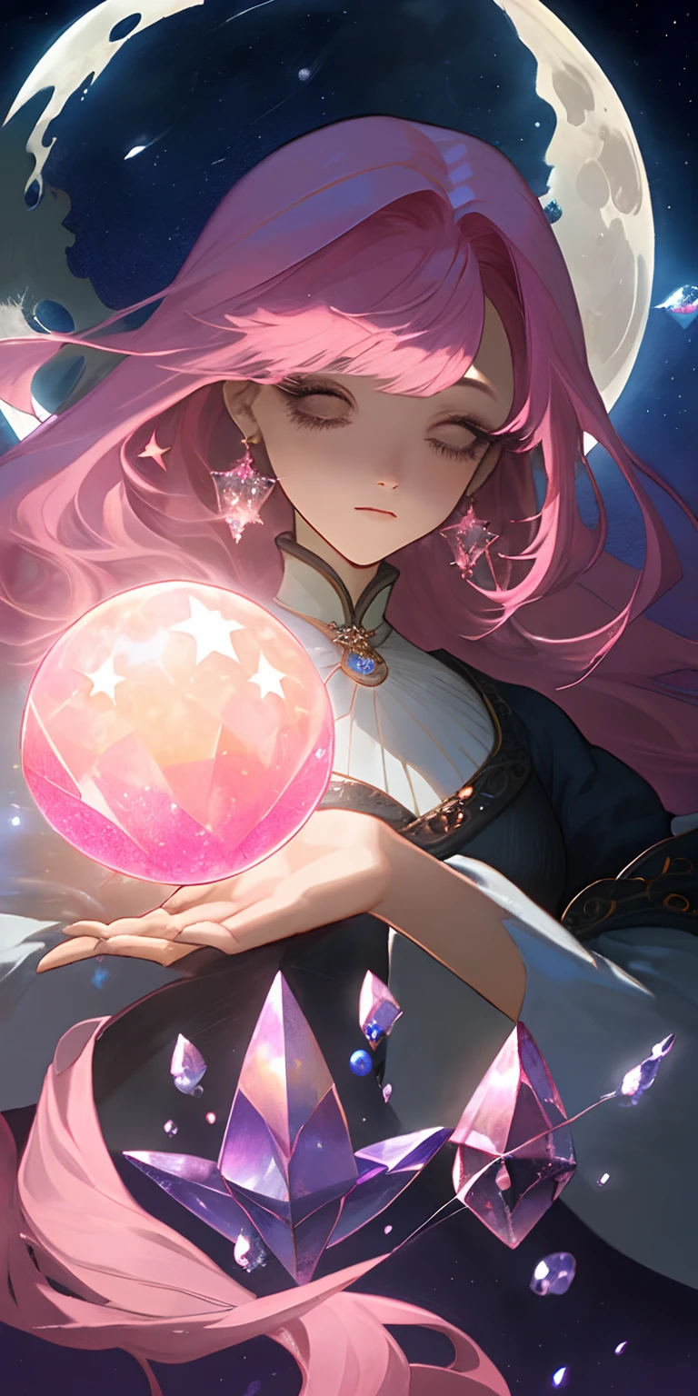 (masterpiece、top-quality)、mystic atmosphere、Woman With Pink Hair、Moon and stars、crystal、