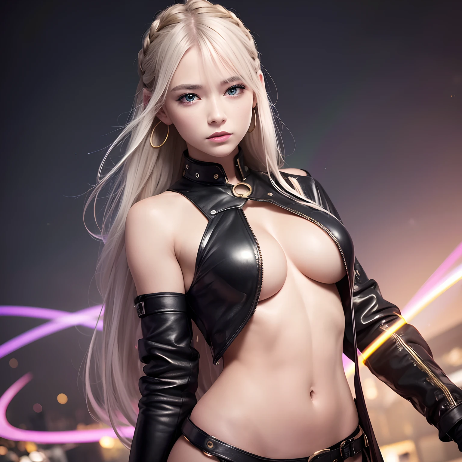 finest image, portrait, detailed and delicate depiction, a female warrior wearing a long black leather coat, sexy, beautiful, cute, abs, slender, amorous expression, lewd expression, light silver glossy braided bangs short hair, light blue sparkling big eyes, double eyelids, background Northern Renaissance style, galaxy, midnight city, ruins, piles of rubble, puddles, rainbow and gold neon light many lines, iridescent, magic circle, fantasy, professional lighting