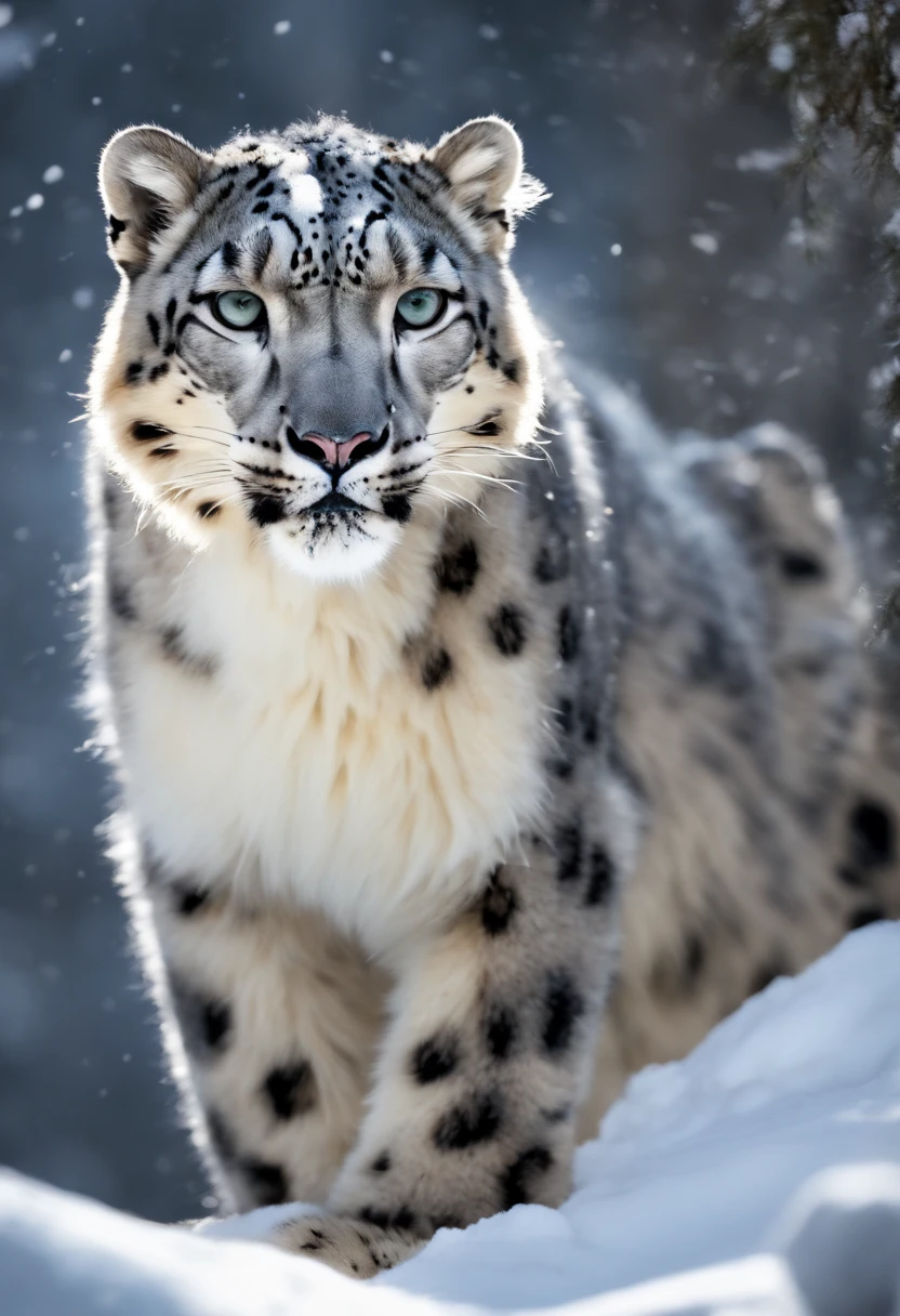 "Generate ultra-high-definition images of chic snow leopards, Classic snow leopard Pose. Using advanced macro photography techniques、Highlights the intricate details of the snow leopard 's coat, mustaches, And expressive eyes.

Place the camera at the snow leopard’s 's eye level, Create an intimate connection between the viewer and the cat subject. Implement a wide aperture for a shallow depth of field, Make the snow leopard stand out clearly against a gently blurred background.

Improve lighting to emphasize the texture and contours of the snow leopard's body, Using the software, Remove coarse shadows、, cosy atmosphere.

Catch a snow leopard in a relaxed position, But balanced, Show your flexibility and elegance. Try to capture the moment in natural movement, Stretching, grooming, etc., To convey a sense of authenticity.

Implement post-processing techniques to improve image clarity, contrast, and color balance, Secure all aspects, From the intricate patterns of cats to their intense gazes, Rendered in stunning detail.

Finally, convey the gentle beauty and innate grace of the snow leopard, Capture fleeting moments celebrating the unique essence of a snow leopard's curiosity and balance." ((Background: moonlight lake)), ((moonlight)), ((majestic)),((full body))