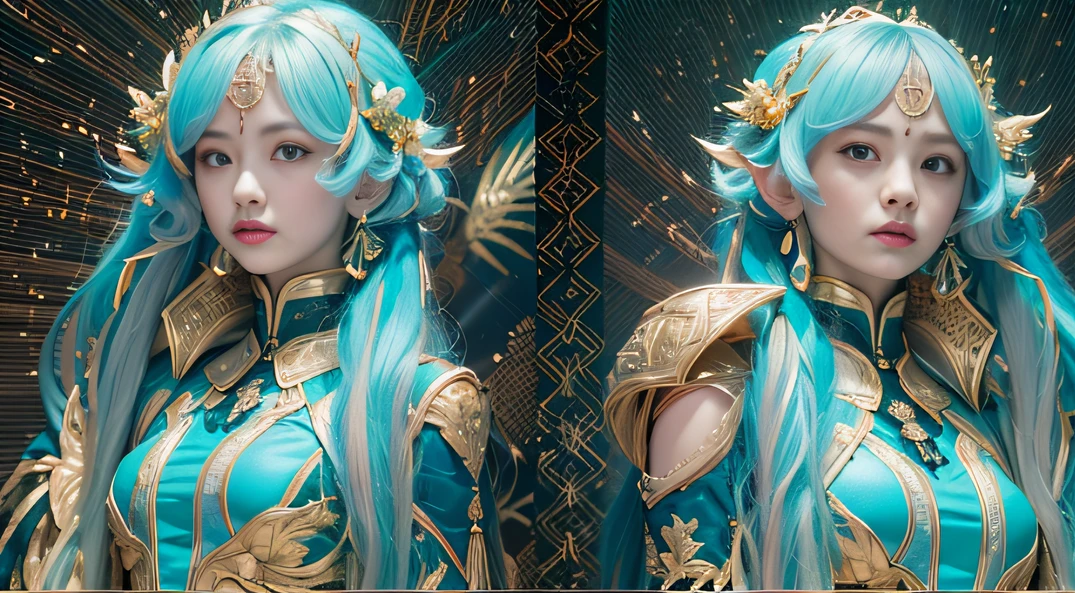 cyan colors，blue colors，enamel，The world of onyx，Blood Girl 32K（tmasterpiece，k hd，Aoyama Pond，hyper HD，32K）Long flowing bright blue hair，blood pond，zydink， a color，Grumpy （Post-halo）， （Linen scarf）， Combat posture， looking at the ground， long whitr hair， Floating bright blue， Fire cloud pattern gold tiara， Chinese long-sleeved gold silk burgundy garment， （Abstract metaverse splash：1.2）， white backgrounid，Peony flower vitality protector（realisticlying：1.4），Bright purple hair，Smoke on the road，The background is pure， A high resolution， the detail， RAW photogr， Sharp Re， Nikon D850 Film Stock Photo by Jefferies Lee 4 Kodak Portra 400 Camera F1.6 shots, Rich colors, ultra-realistic vivid textures, Dramatic lighting, Unreal Engine Art Station Trend, cinestir 800，A girl with long flowing bright blue hair，Huge colorful bubbles