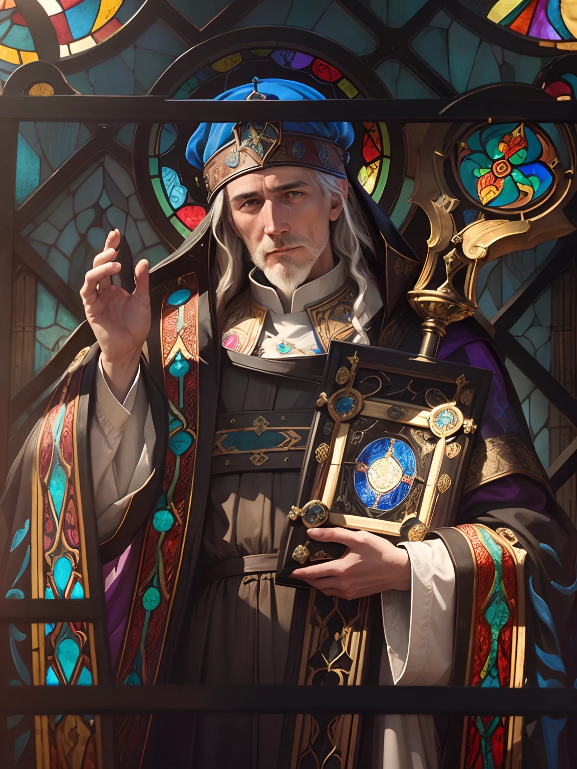 An image of a male priest made of glass within a stained glass window, no horizontal stained glass lead lines, St Swithin's Day, an Anglo-Saxon bishop of Winchester and subsequently patron saint of Winchester Cathedral, His historical importance as bishop is overshadowed by his reputation for posthumous miracle-working. According to tradition, if it rains on Saint Swithun's bridge on his feast day it will continue for forty days, a very kind male face, Prismatic art style, photorealistic, hyperdetailed, 12k resolution, art noveau style, prismatic art style, with colorful nature motives, rounded upside of a stained glass window with ornate window frame.