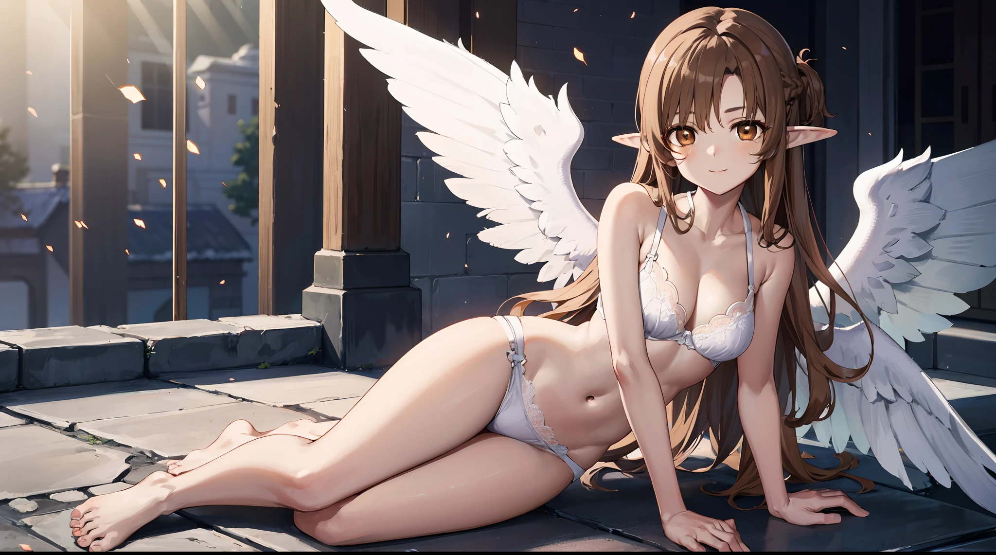 ssmile，Blush, exteriors，Whole body diagram，Lying position，There is only one girl，独奏，ssmile，Flushed cheeks，White clothes，and the sun was shining brightly，Sunlight on the face，Sit on the lawn，florals，light-brown long hair，White gold bra, asuna yuuki, Long hair, Light brown hair, (Brown eyes:2), Break the navel, Bare shoulders, 4 Angels with wings,Pointy ears, midriff, elf,Glowing wings， looking at viewert, llight rays，Dingdall effect，Glowing skin，Snow-white skin，Bare legged，Barefoot，White skin，Break (Masterpiece:1.2), Best quality, high resolution, Unity 8k wallpaper, (illustration:0.8), (Beautiful detailed eyes:1.6), Extremely detailed face, Perfect lighting, Extremely detailed CG, (Perfect hands, Perfect anatomy)